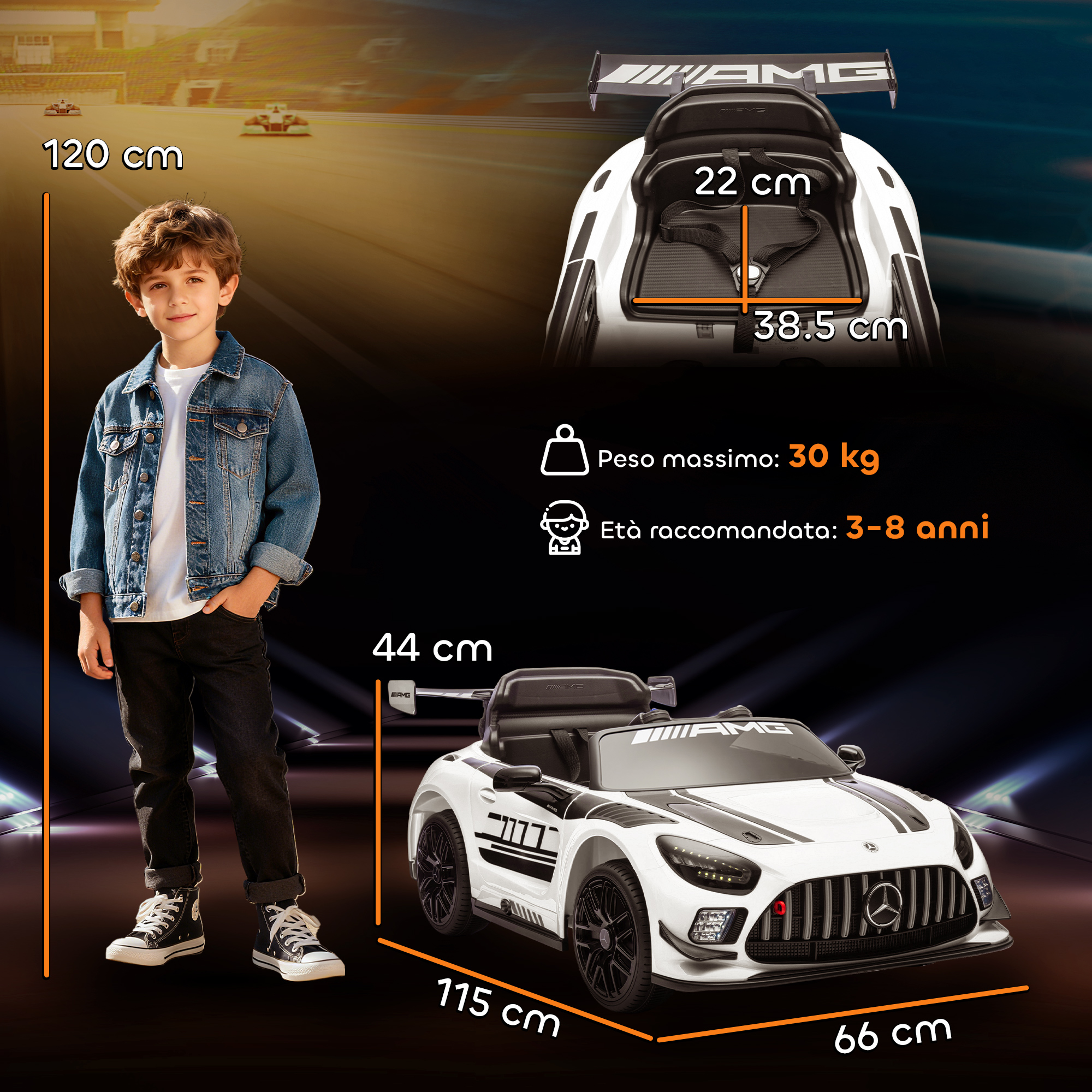 Un bambino accanto a un'auto elettrica bianca per bambini con decalcomanie AMG.