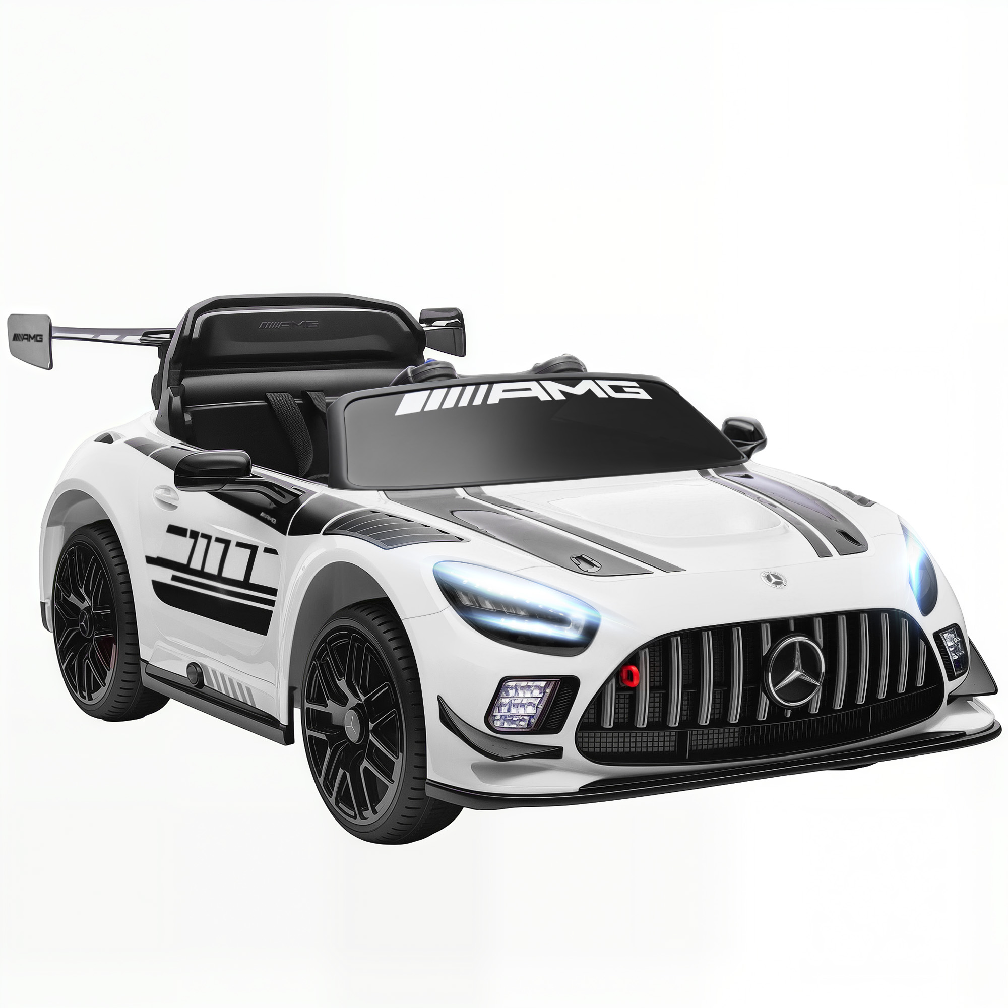 Un'auto giocattolo bianca con decalcomanie AMG e spoiler.