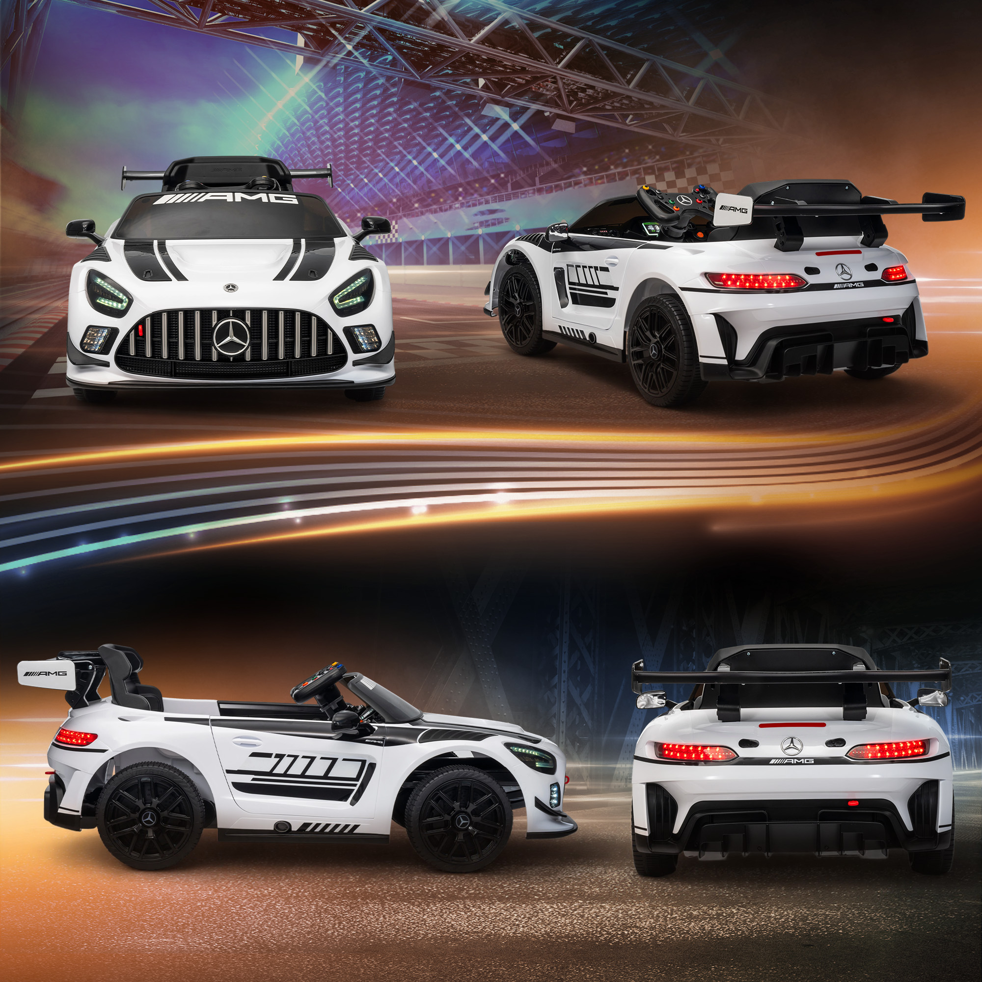 Auto elettrica bianca cavalcabile con spoiler nero e decalcomanie AMG.