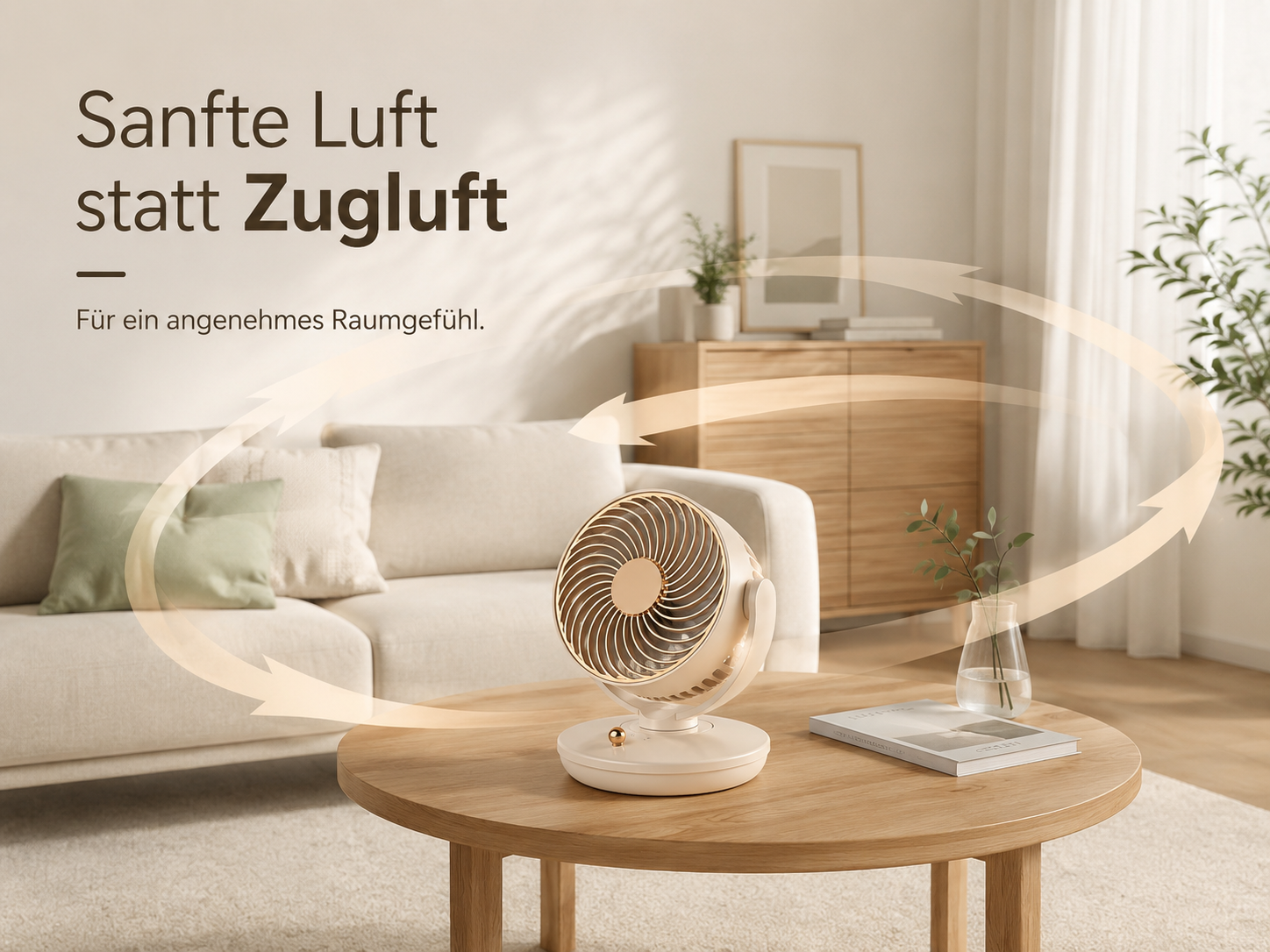 Ein Ventilator auf einem Holztisch in einem Wohnzimmer mit Sofa und Schrank.