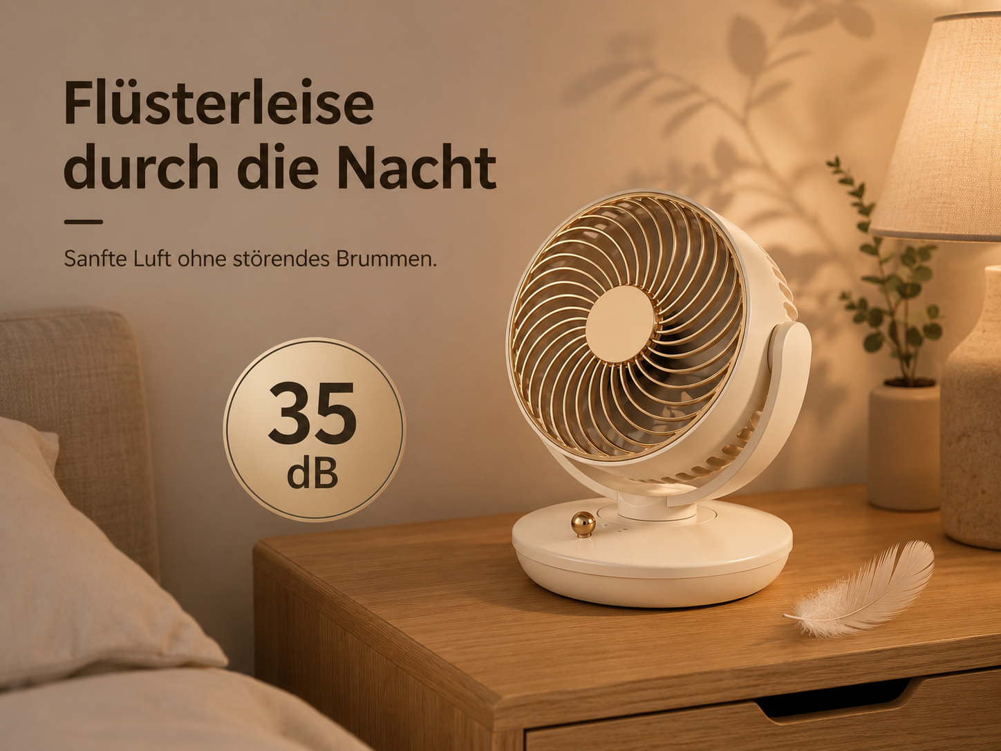 Ein weißer Ventilator mit goldenen Akzenten steht auf einem Nachttisch neben einem Bett. Eine Feder liegt auf dem Nachttisch.