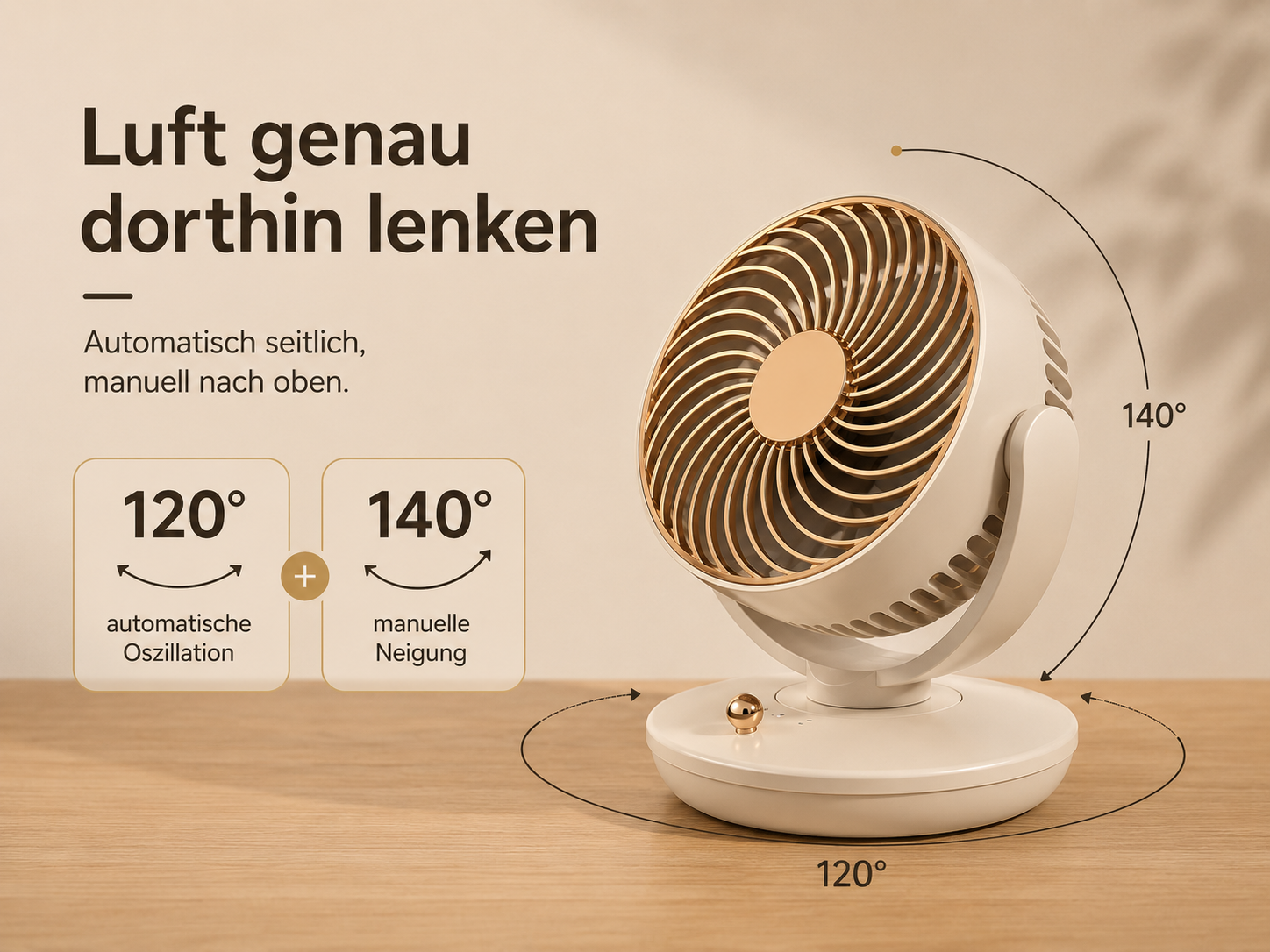Ein weißer Ventilator mit goldenen Akzenten auf einem Holztisch.