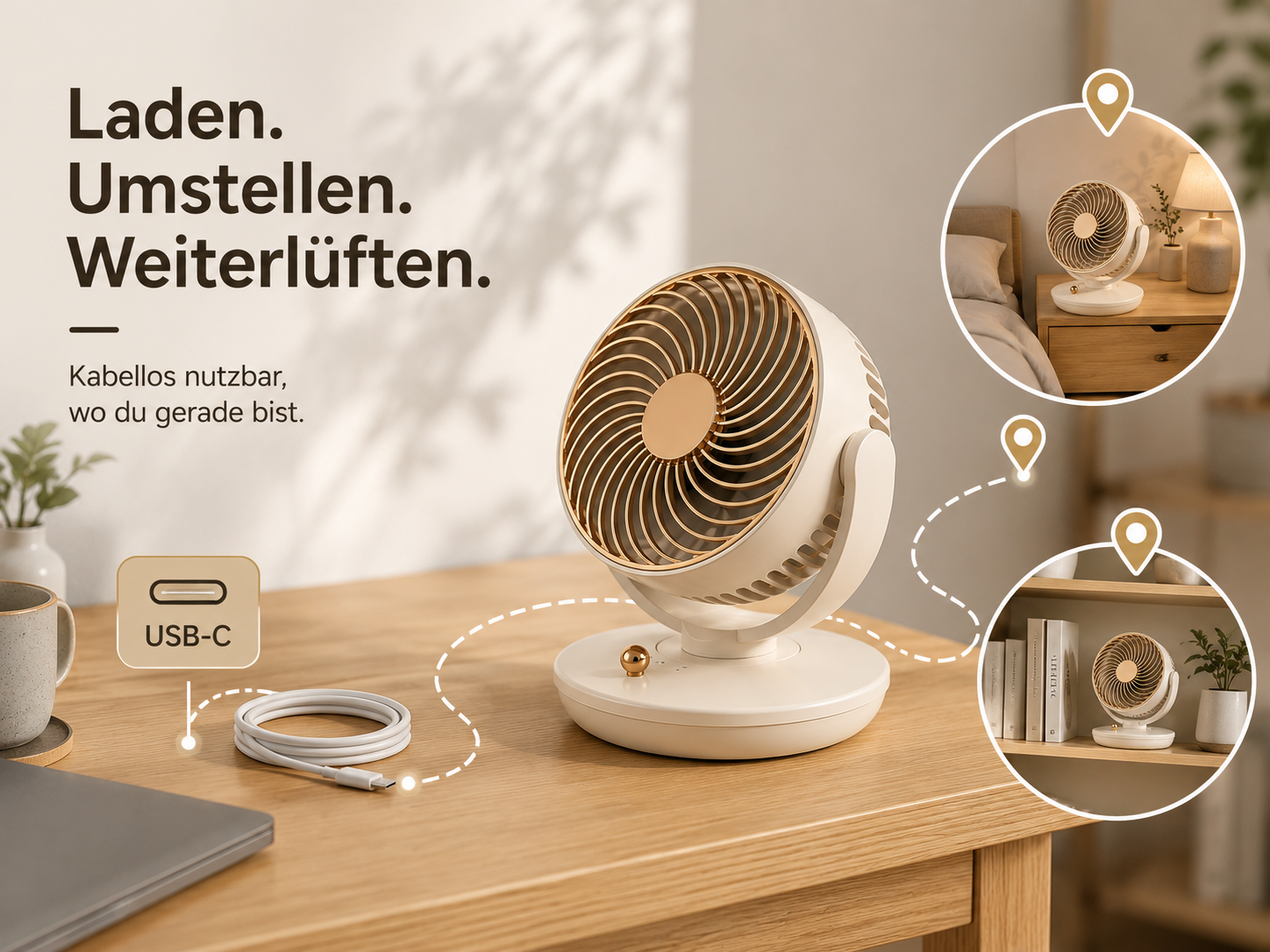 Ein weißer USB-C-Tischventilator mit goldenen Akzenten steht auf einem Holzschreibtisch.