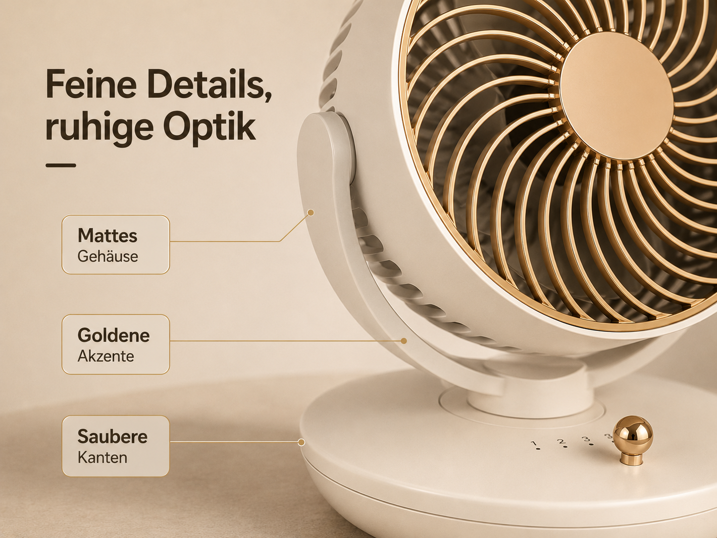 Nahaufnahme eines cremefarbenen Ventilators mit goldenen Akzenten und matter Oberfläche.