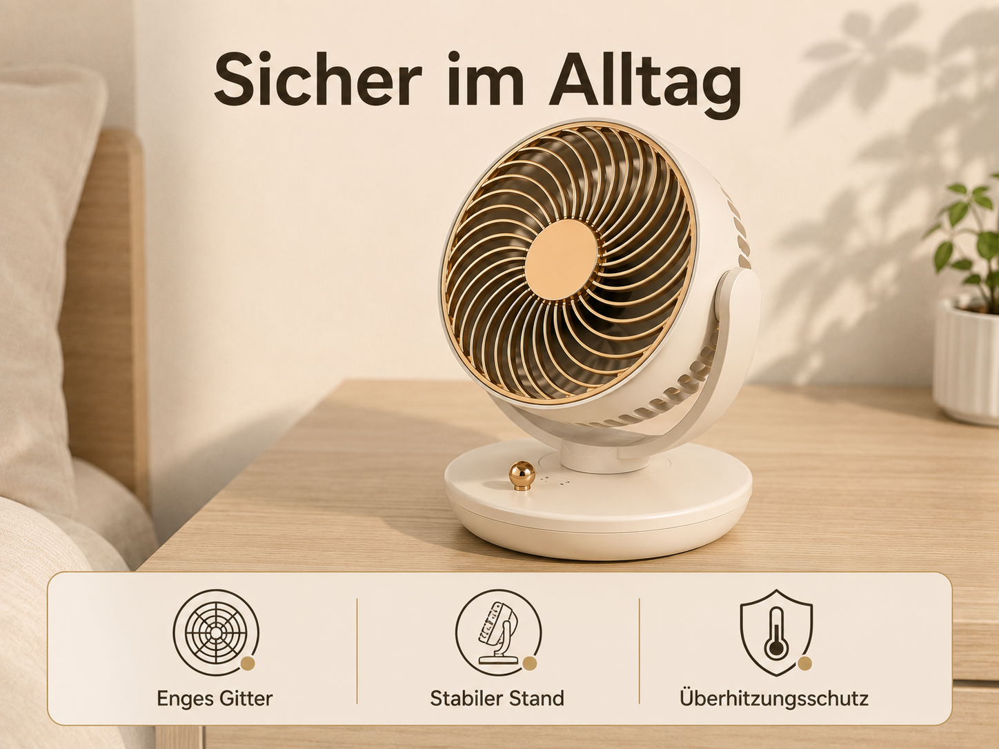 Ein weißer Ventilator mit goldenen Akzenten steht auf einem Nachttisch.