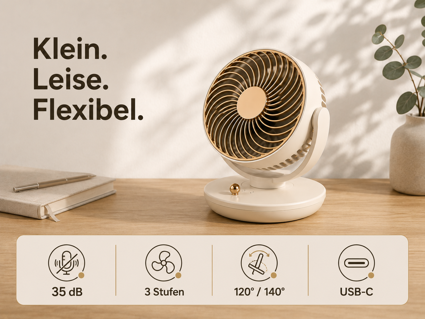 Kleiner, leiser, flexibler Ventilator mit USB-C, 3 Stufen und 120/140 Grad Schwenkbereich.