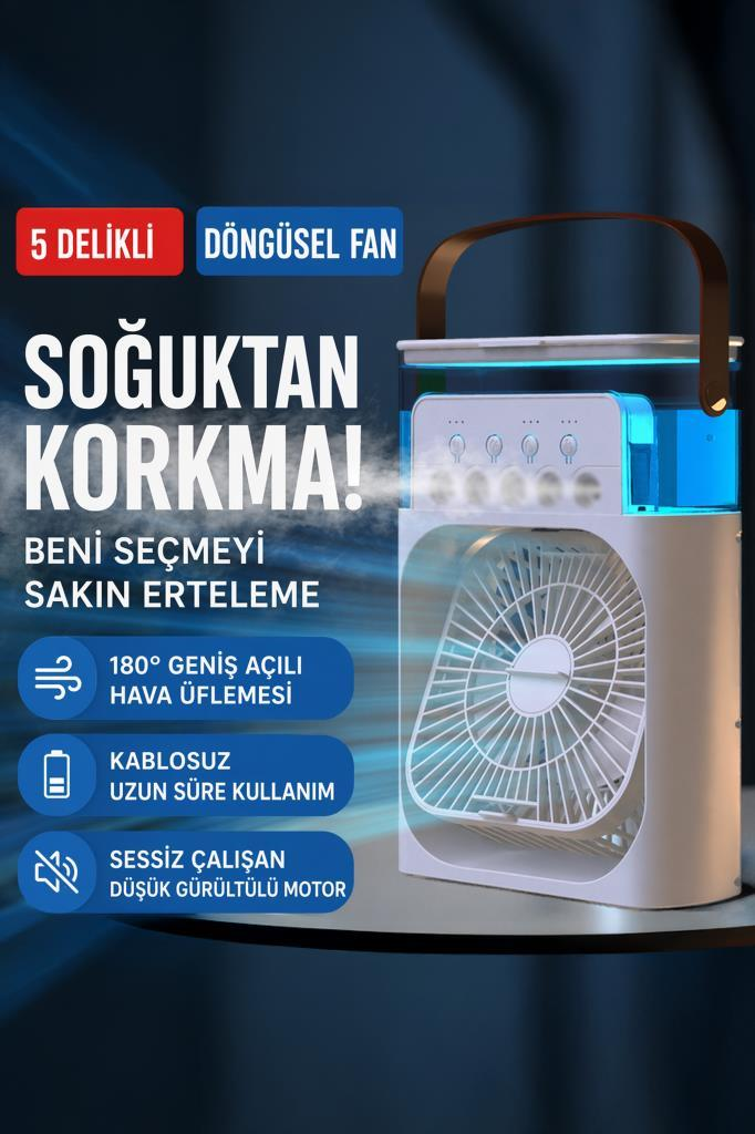 180 derece üfleyen, soğutma özellikli taşınabilir vantilatör.