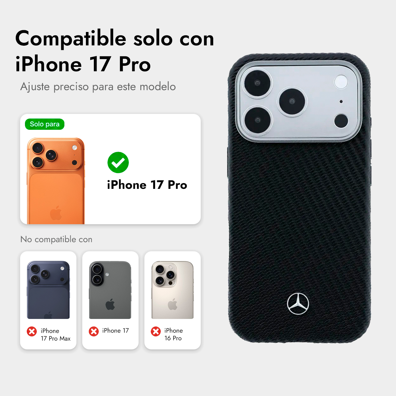 Funda negra para iPhone 17 Pro con logo Mercedes, compatible solo con iPhone 17 Pro.