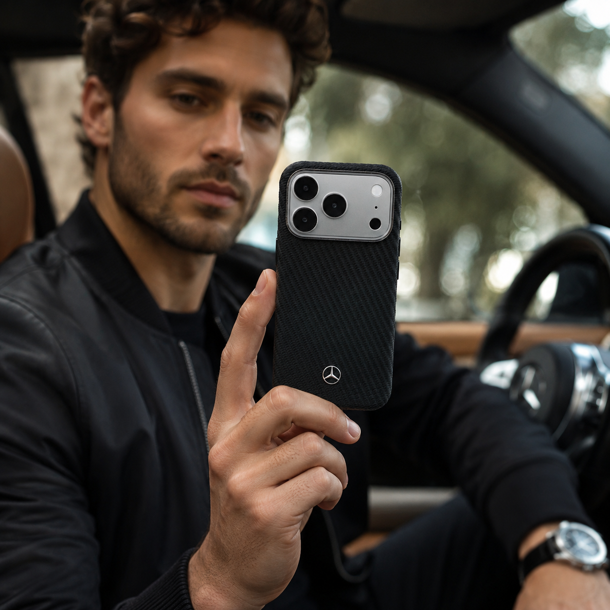 Hombre en coche sostiene iPhone negro con logo Mercedes.