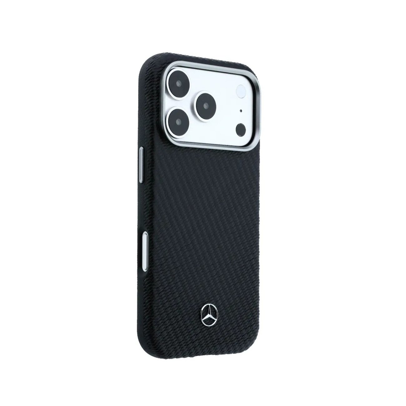 Funda negra para teléfono con logo de Mercedes-Benz y módulo de cámara.