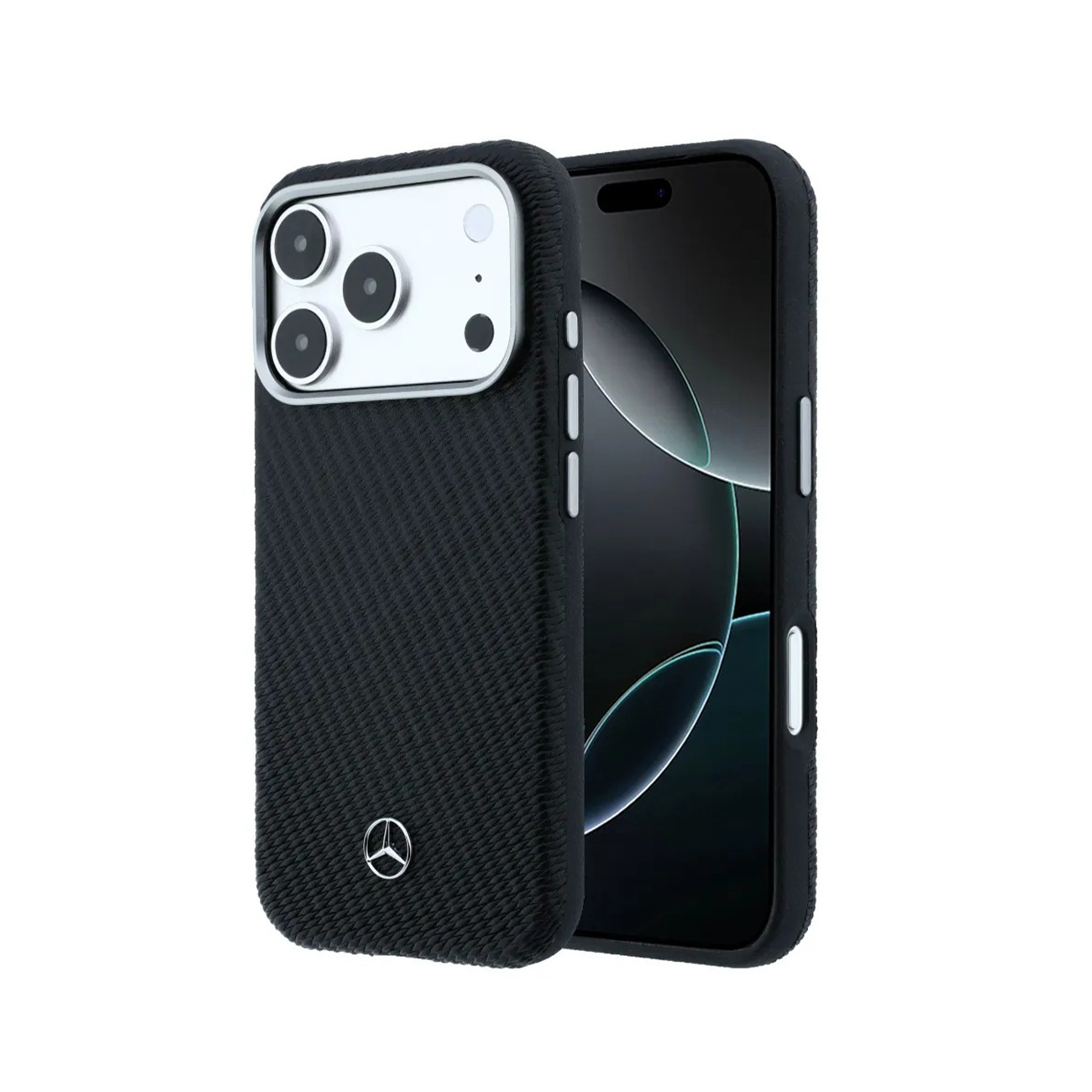 Funda negra para teléfono con logo de estrella de Mercedes, junto a un smartphone.