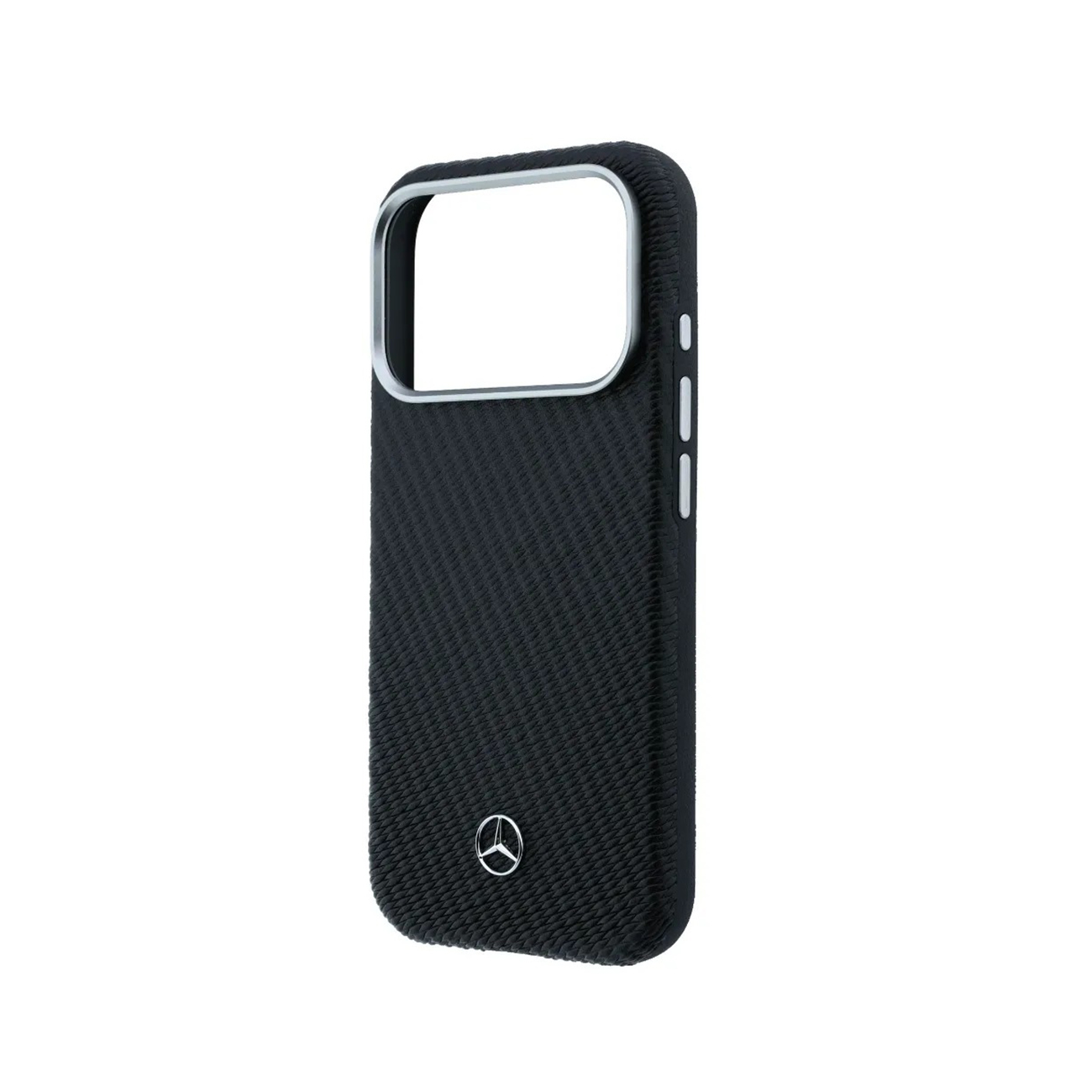 Funda negra para móvil con logo de Mercedes-Benz y borde plateado.
