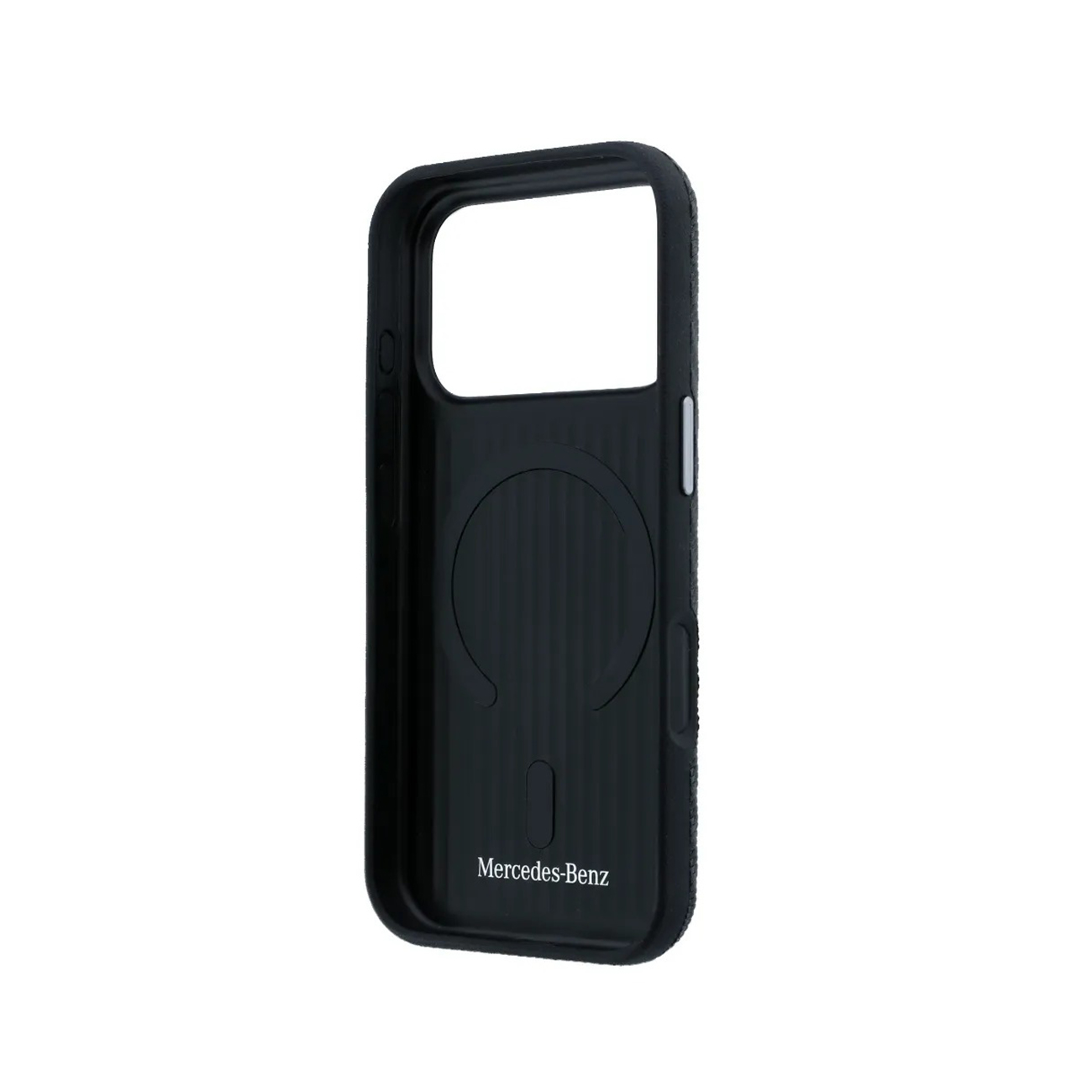 Funda negra para teléfono con logo de Mercedes-Benz, sobre fondo blanco.