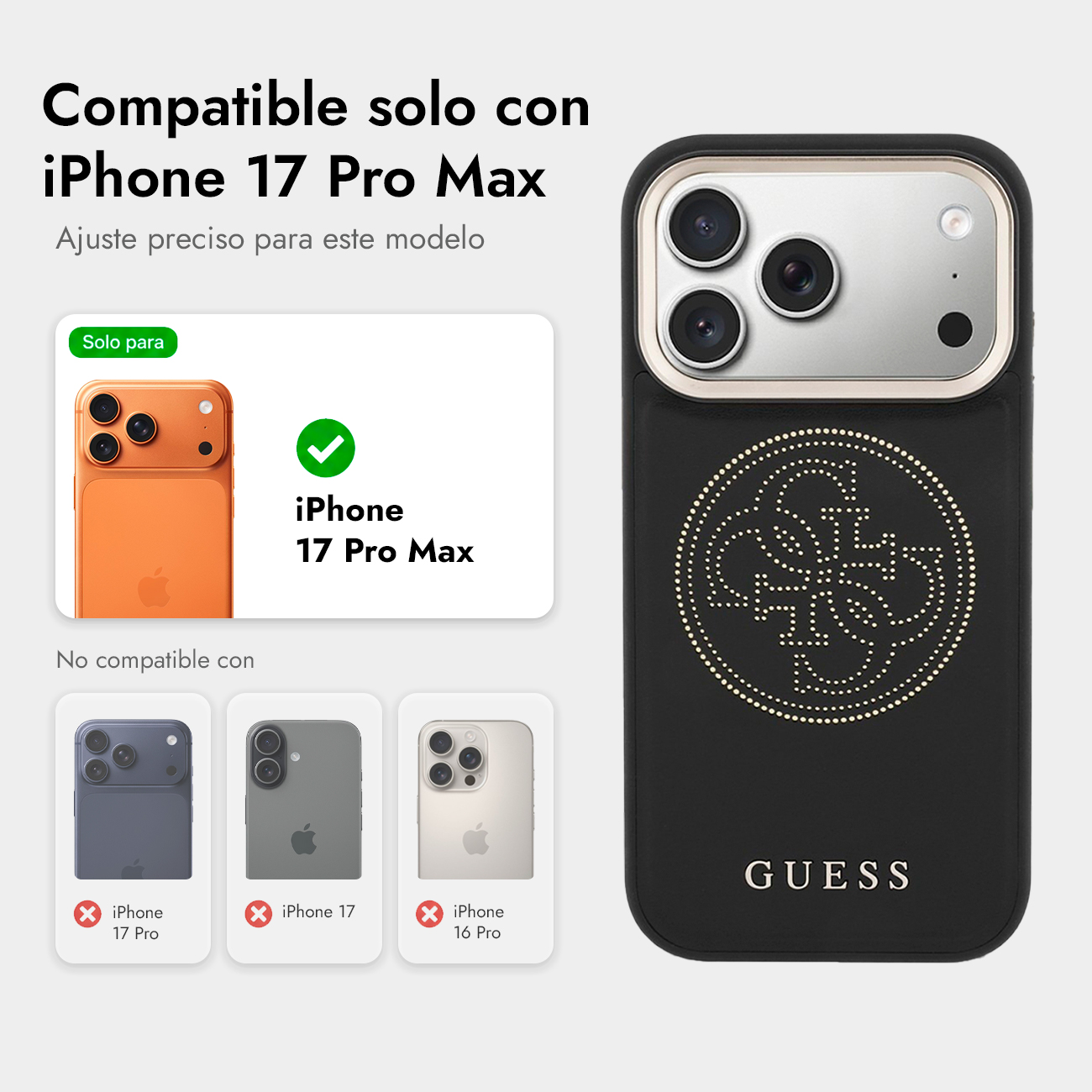 Funda negra Guess para iPhone 17 Pro Max con logo. Compatible.