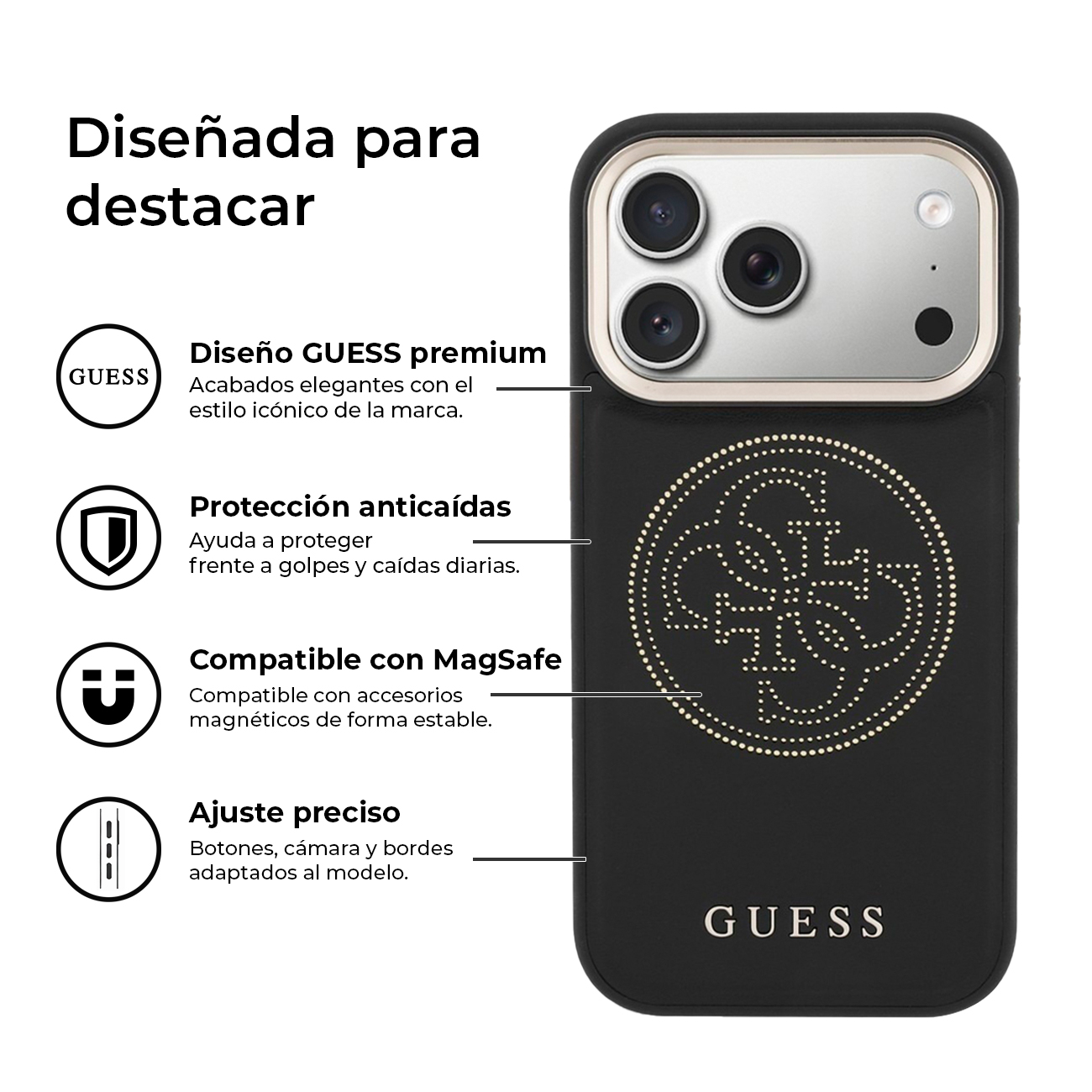 Funda de teléfono negra con logo GUESS y recorte de cámara. Texto en español.