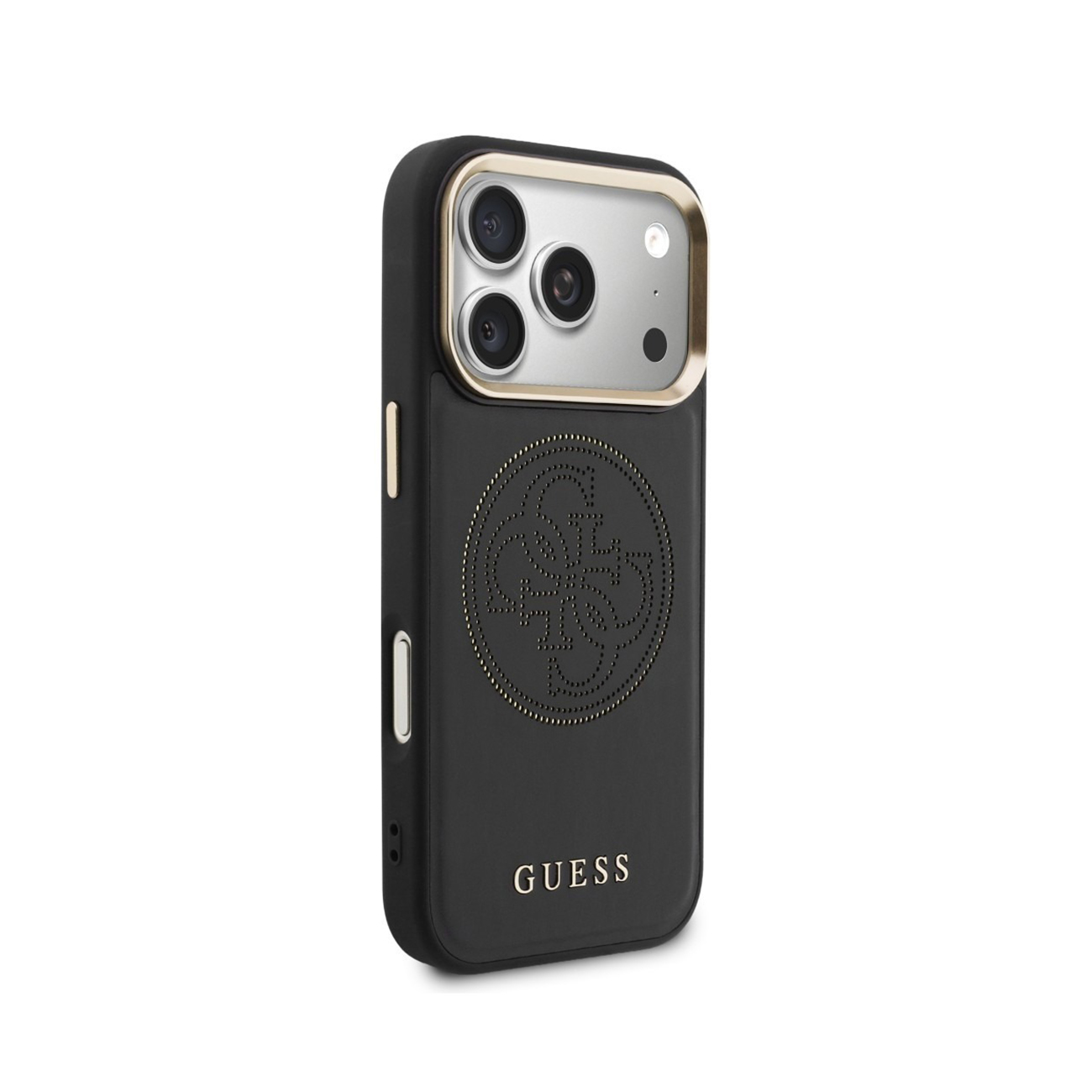 Funda negra para teléfono con logo de Guess y corte de cámara.