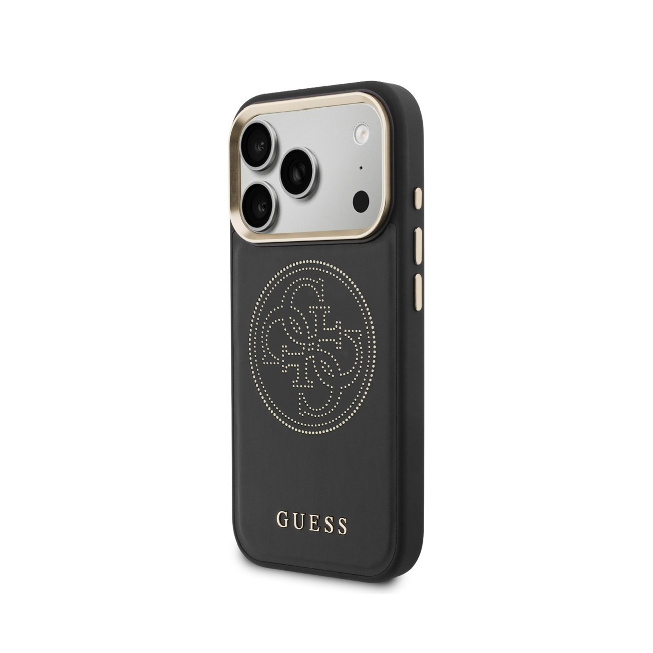 Funda negra para teléfono con logo GUESS y tres lentes de cámara.