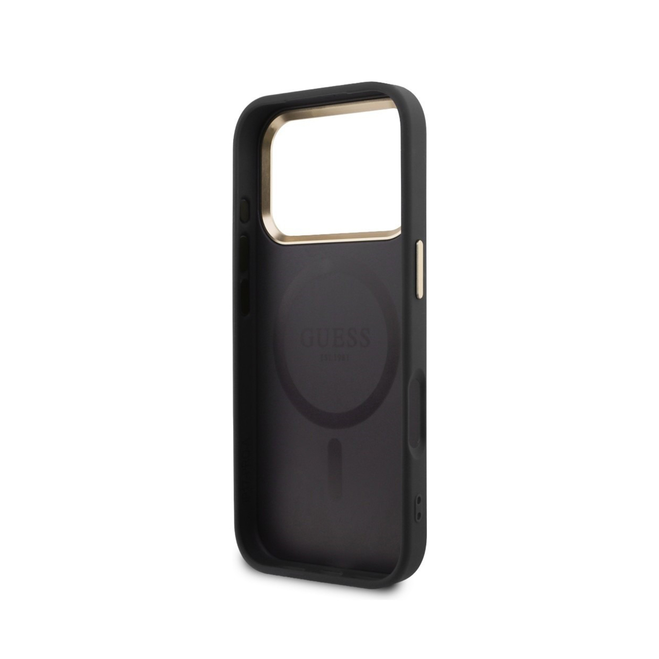 Funda negra para teléfono con borde dorado y logo Guess.