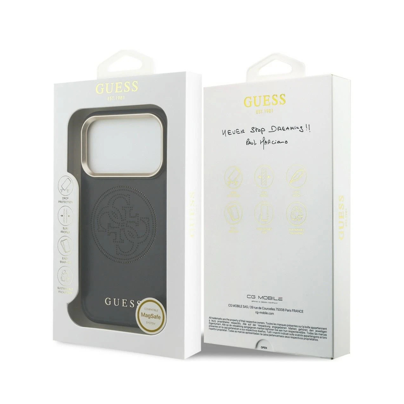 Embalaje de funda Guess con funda gris oscuro y logo dorado a la izquierda.