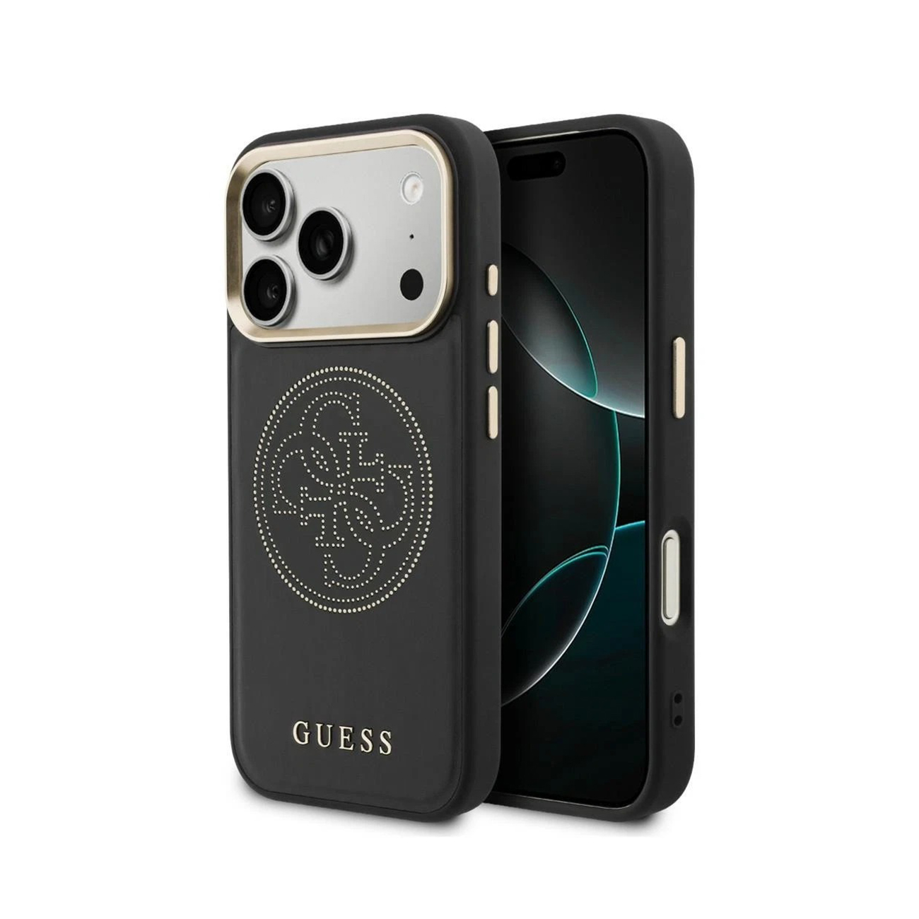 Funda negra para teléfono con borde dorado, logo Guess y triple recorte de cámara.