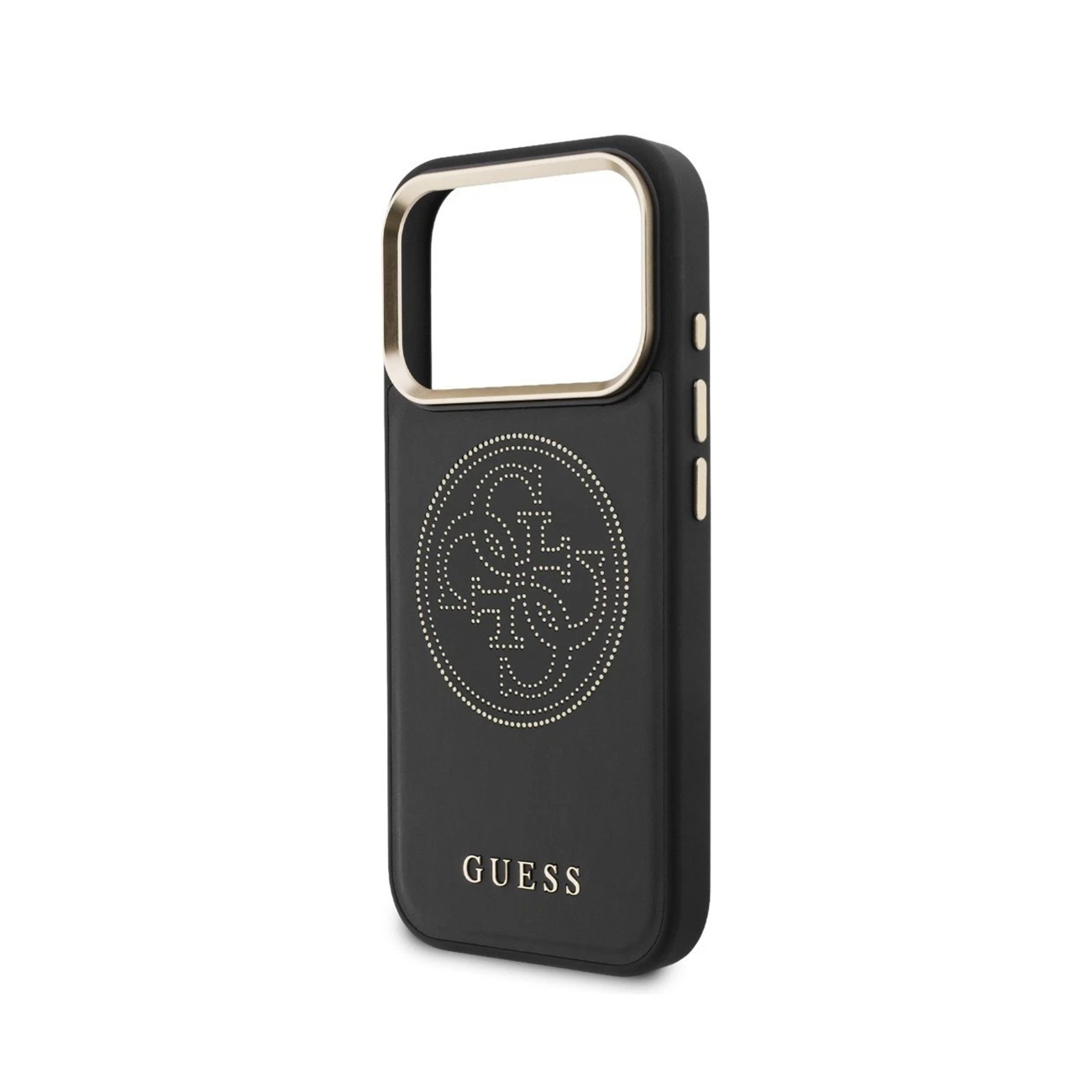 Funda negra para teléfono con logo y borde dorados de Guess.