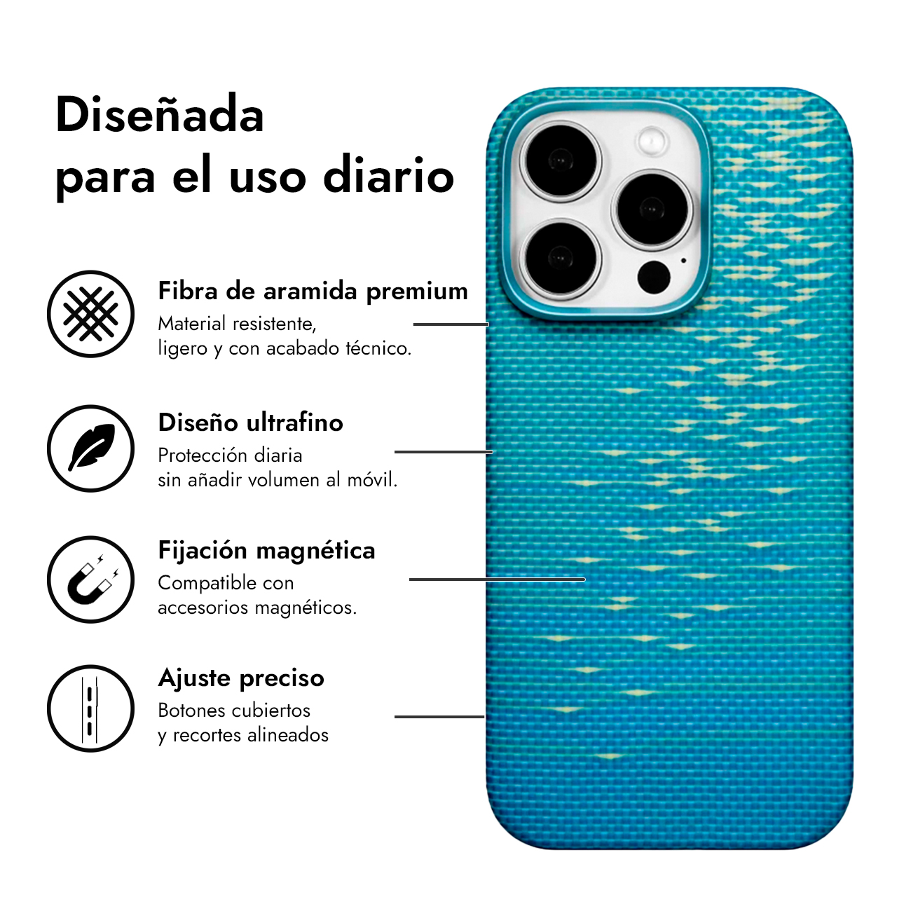 Funda azul para teléfono con carcasa de cámara y patrón.