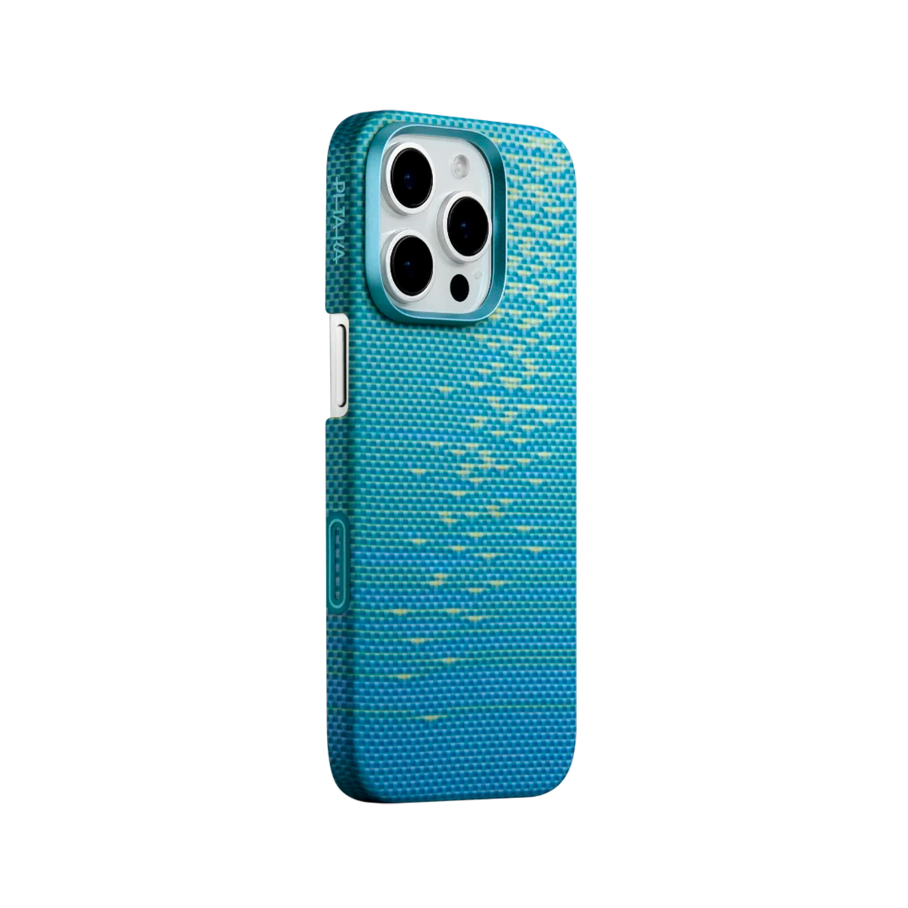 Funda de teléfono azul con recorte de cámara y patrón.