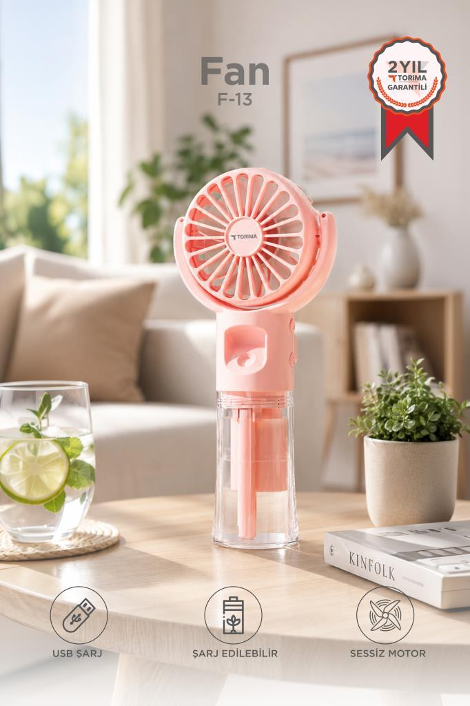 TORIMA F13 Vantilatör Su Buharlı Mini Masa Şarjlı El Fanı Pembe