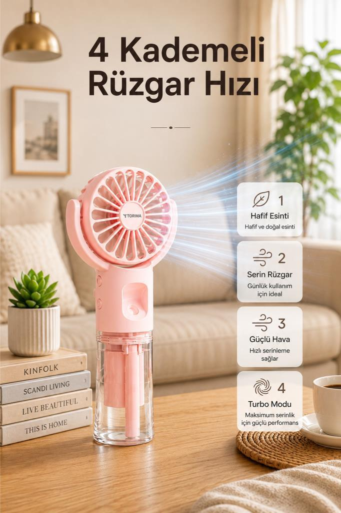 Pembe renkli, 4 kademeli hız ayarı olan masaüstü vantilatör.