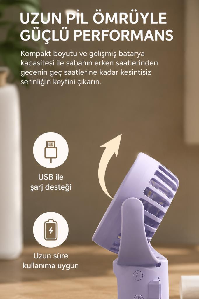 USB şarjlı ve uzun ömürlü mor renkli bir vantilatör.