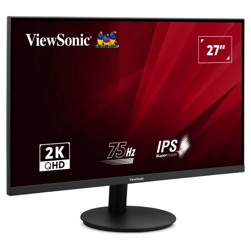 ViewSonic 27" 2K QHD 75Hz IPS monitör, kırmızı soyut arka planlı.