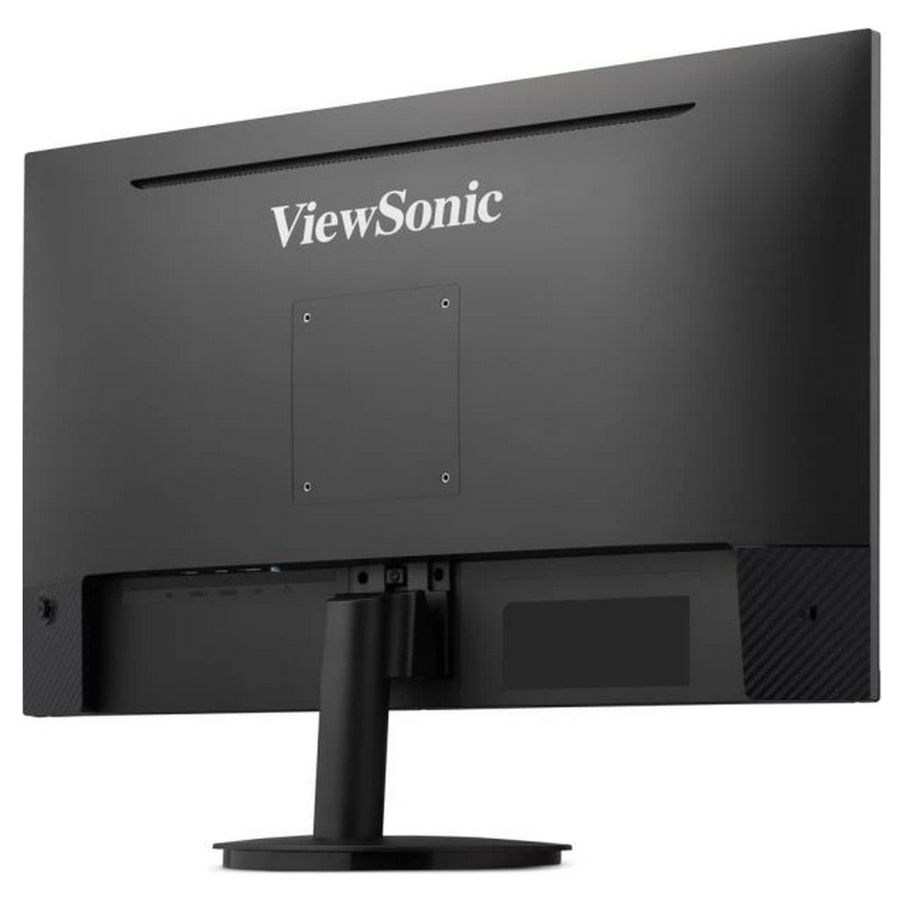 Bağlantı noktaları ve standı gösteren siyah ViewSonic monitörün arka görünümü.