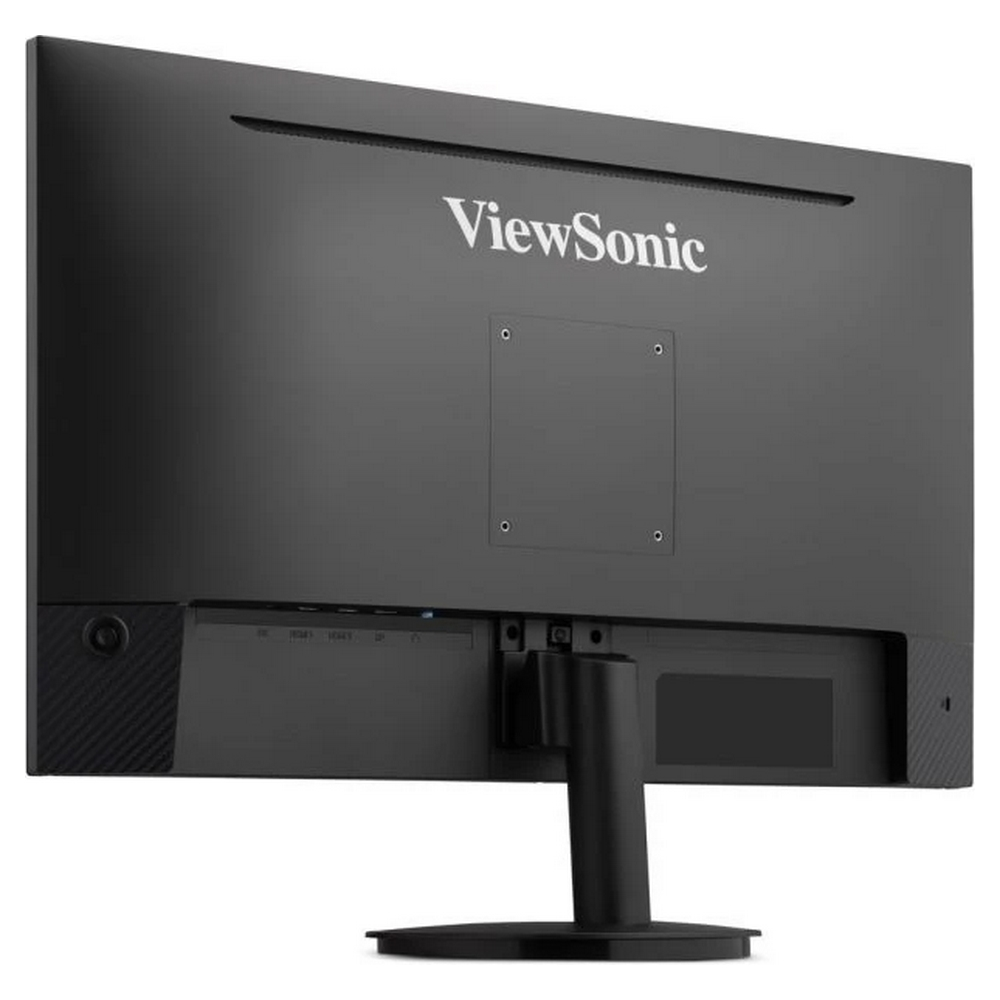 Bağlantı noktaları ve standı olan siyah bir ViewSonic monitörün arkası.