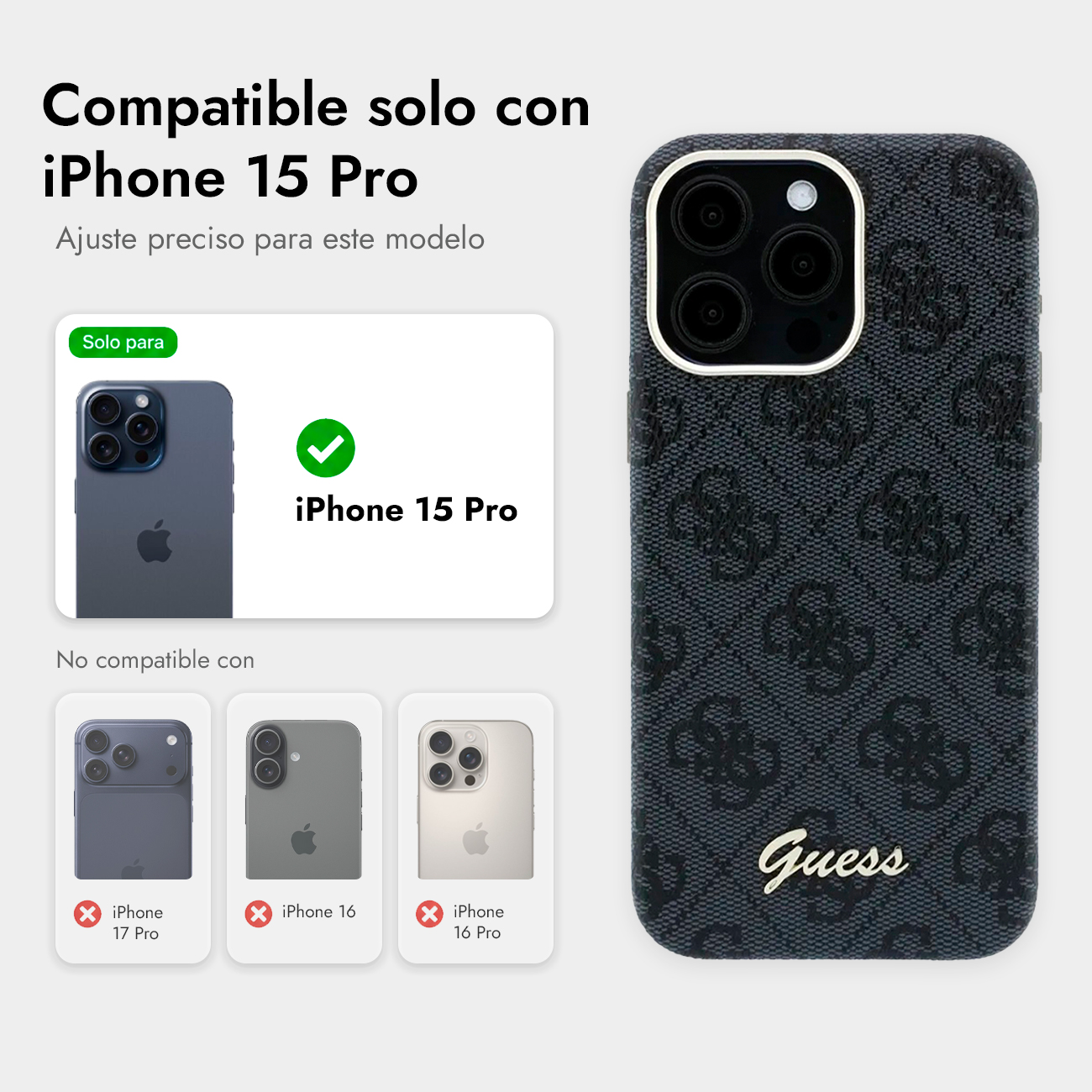 Funda negra Guess con patrón de logo, compatible con iPhone 15 Pro. Muestra otros iPhones.