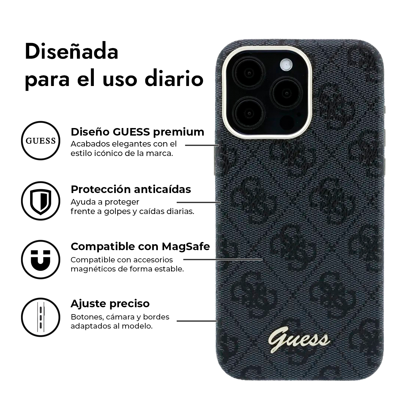 Una funda gris de Guess con logo "Guess" repetido y cuatro lentes de cámara.