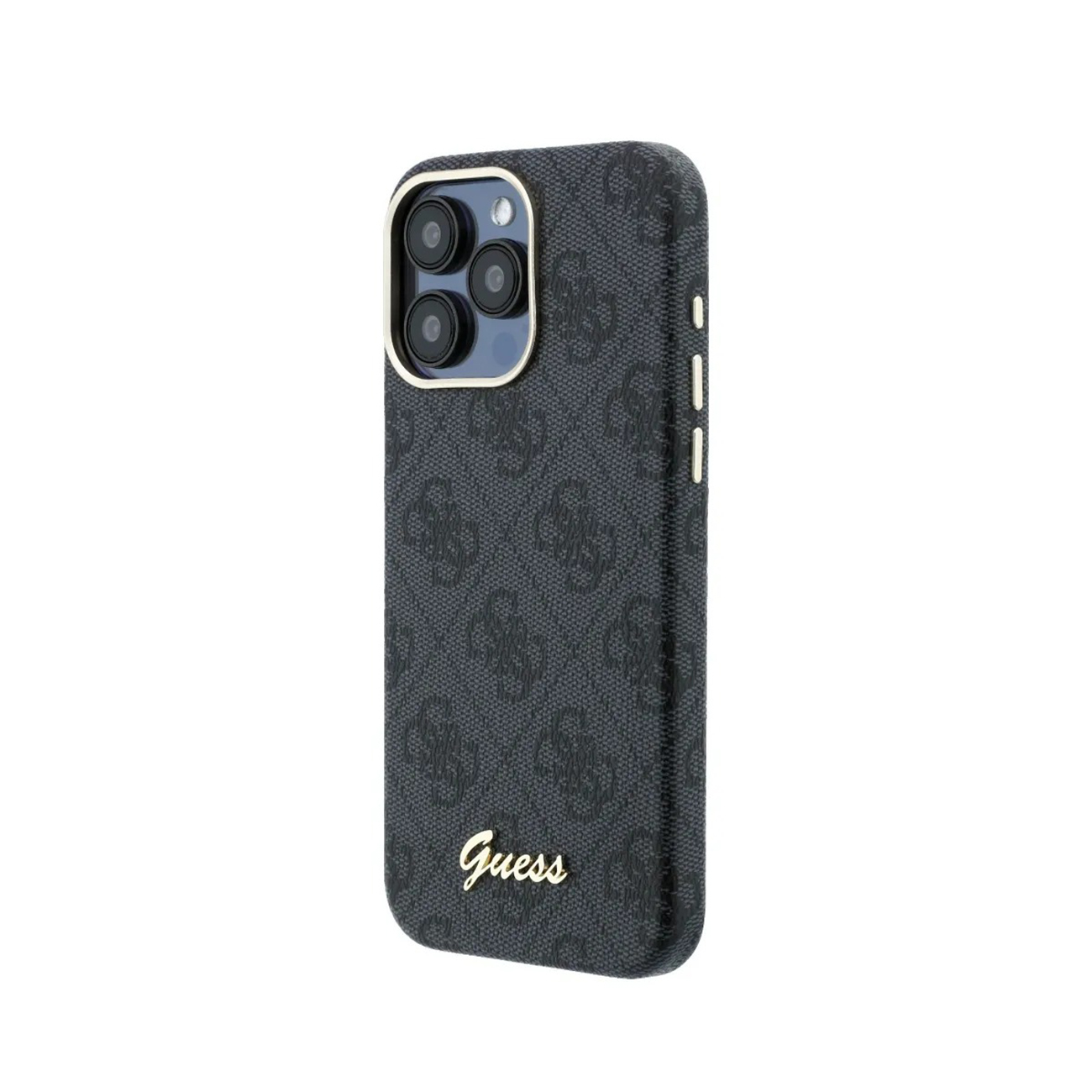 Funda negra para teléfono con logo Guess y cámara triple.