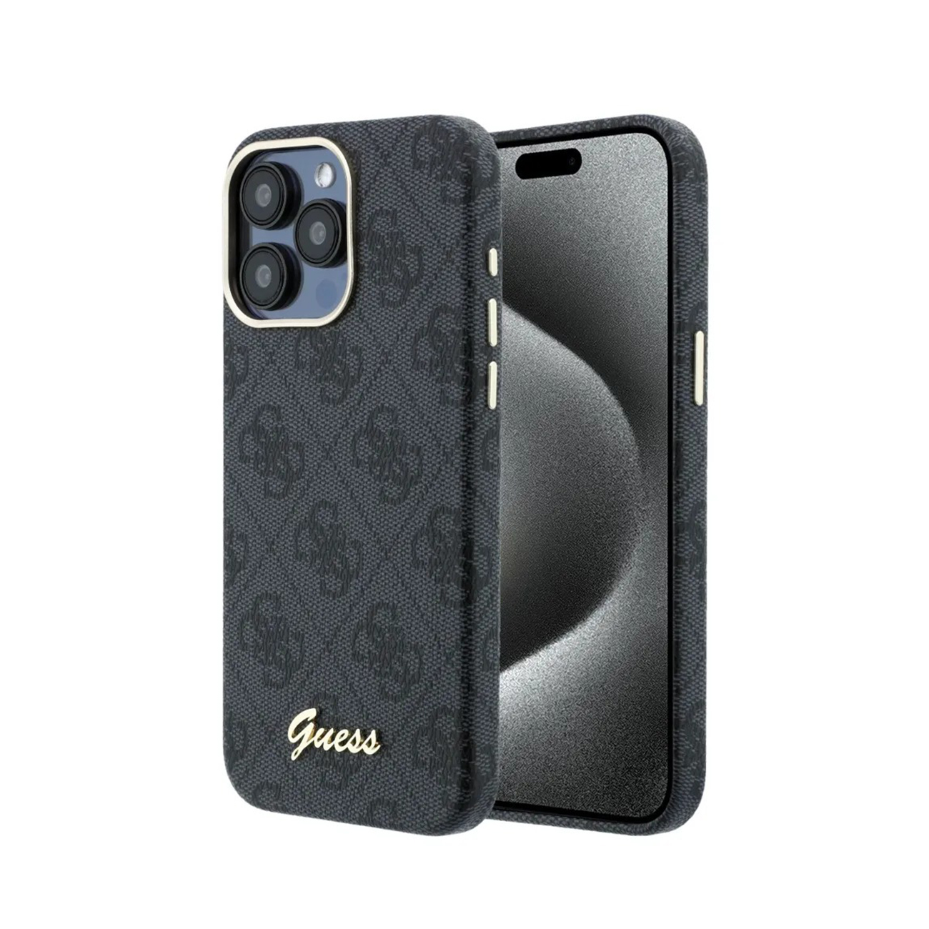 Funda de teléfono gris oscuro con logo GUESS y tres lentes de cámara.