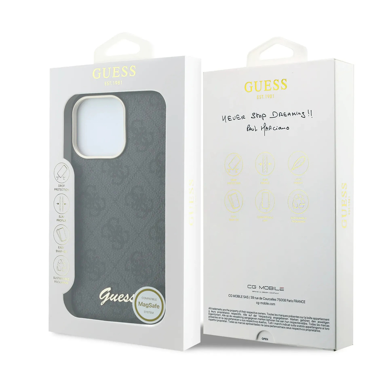 Funda gris Guess con logo Guess y compatibilidad MagSafe en el embalaje.
