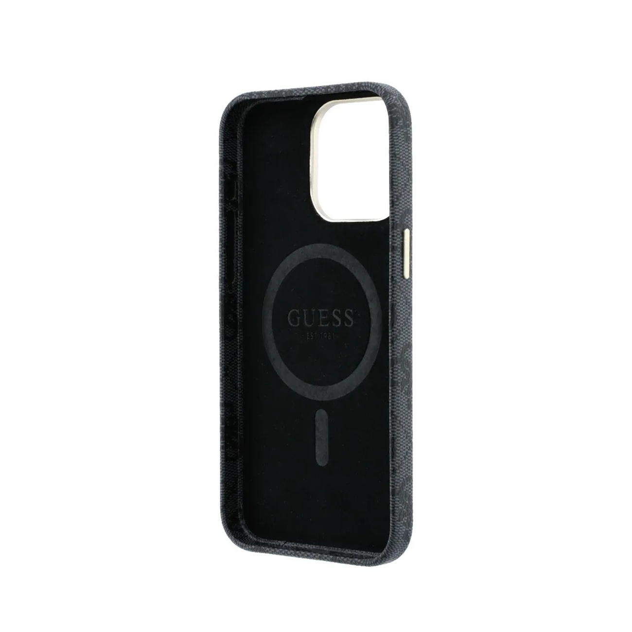 Funda negra para teléfono con logo y patrón Guess. Vista interior.