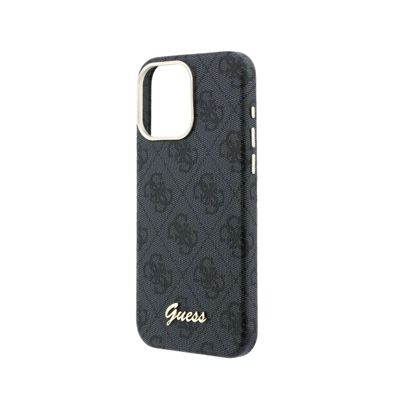 Funda de teléfono gris oscuro con patrón de logo Guess y letras doradas.