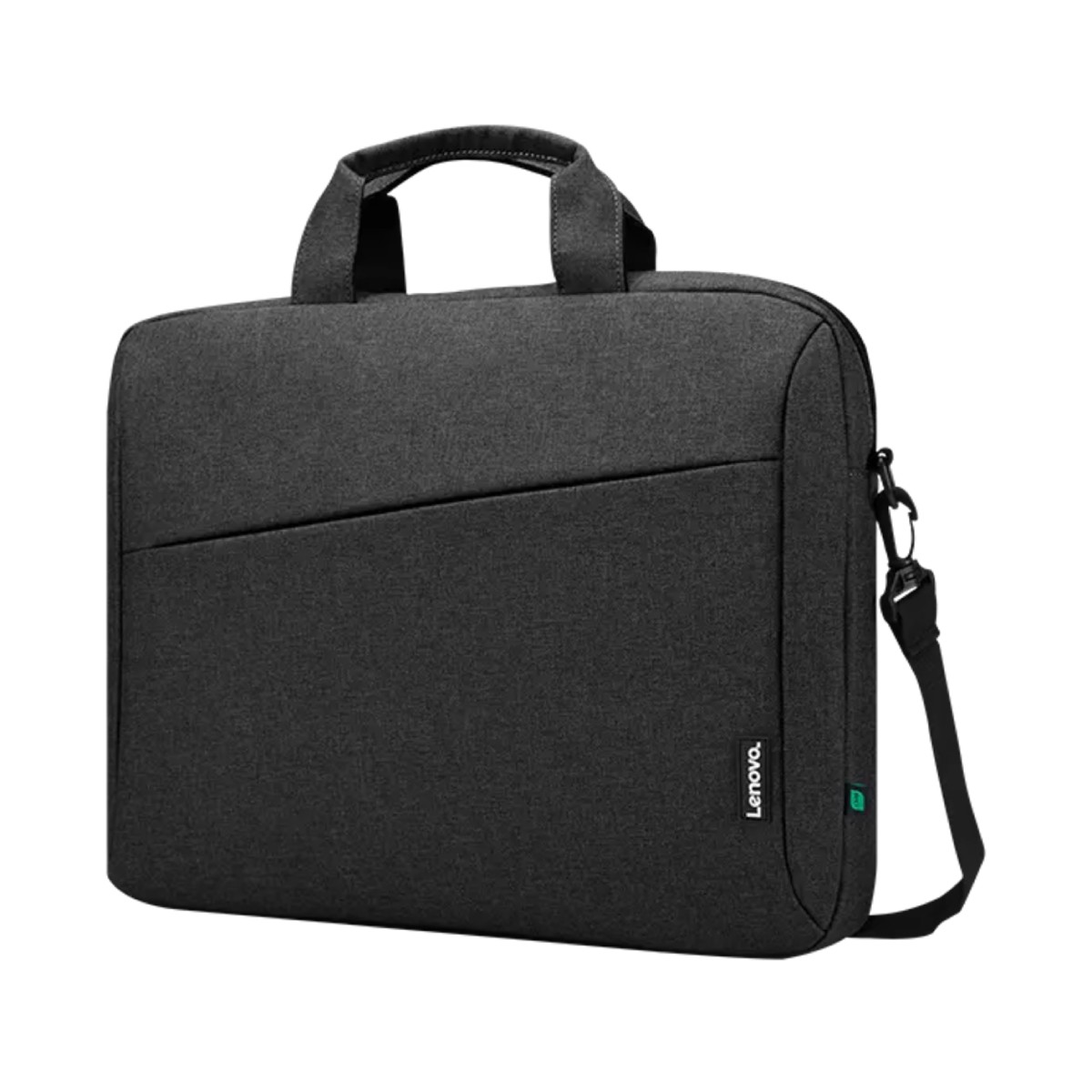 Borsa nera per laptop Lenovo con manici e tracolla, tasca frontale.