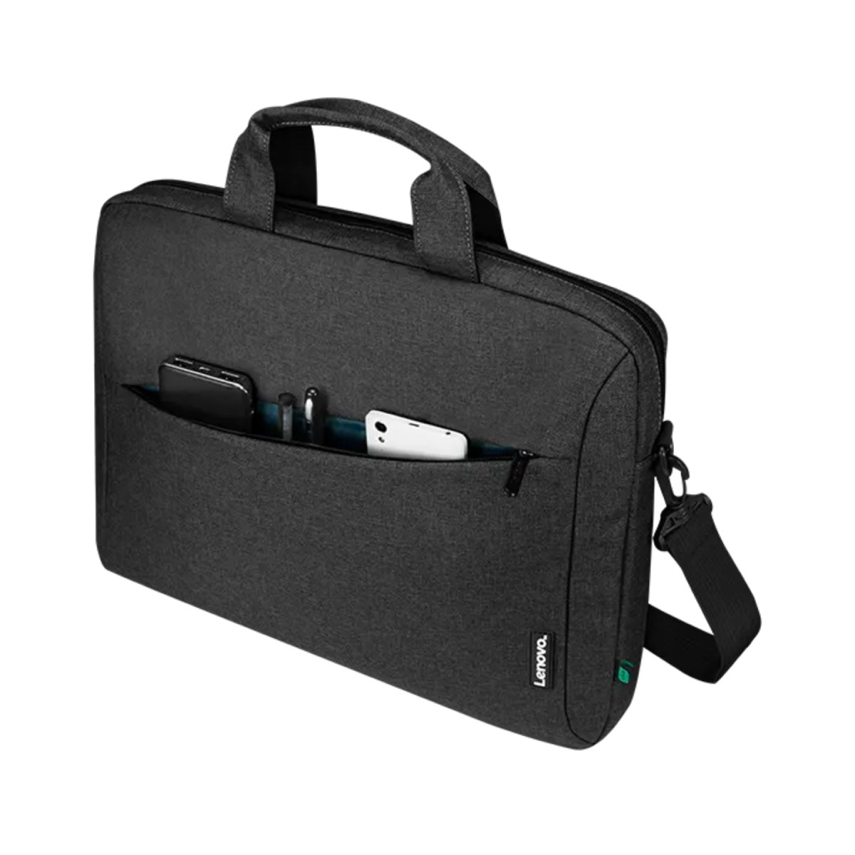 Borsa grigia Lenovo per laptop con tasca frontale contenente telefono e penne. Con manici e tracolla.