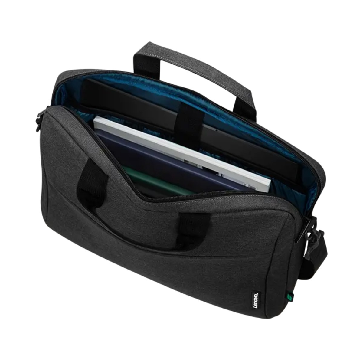 Borsa porta PC grigio scuro con scomparto aperto contenente laptop e cartelle.