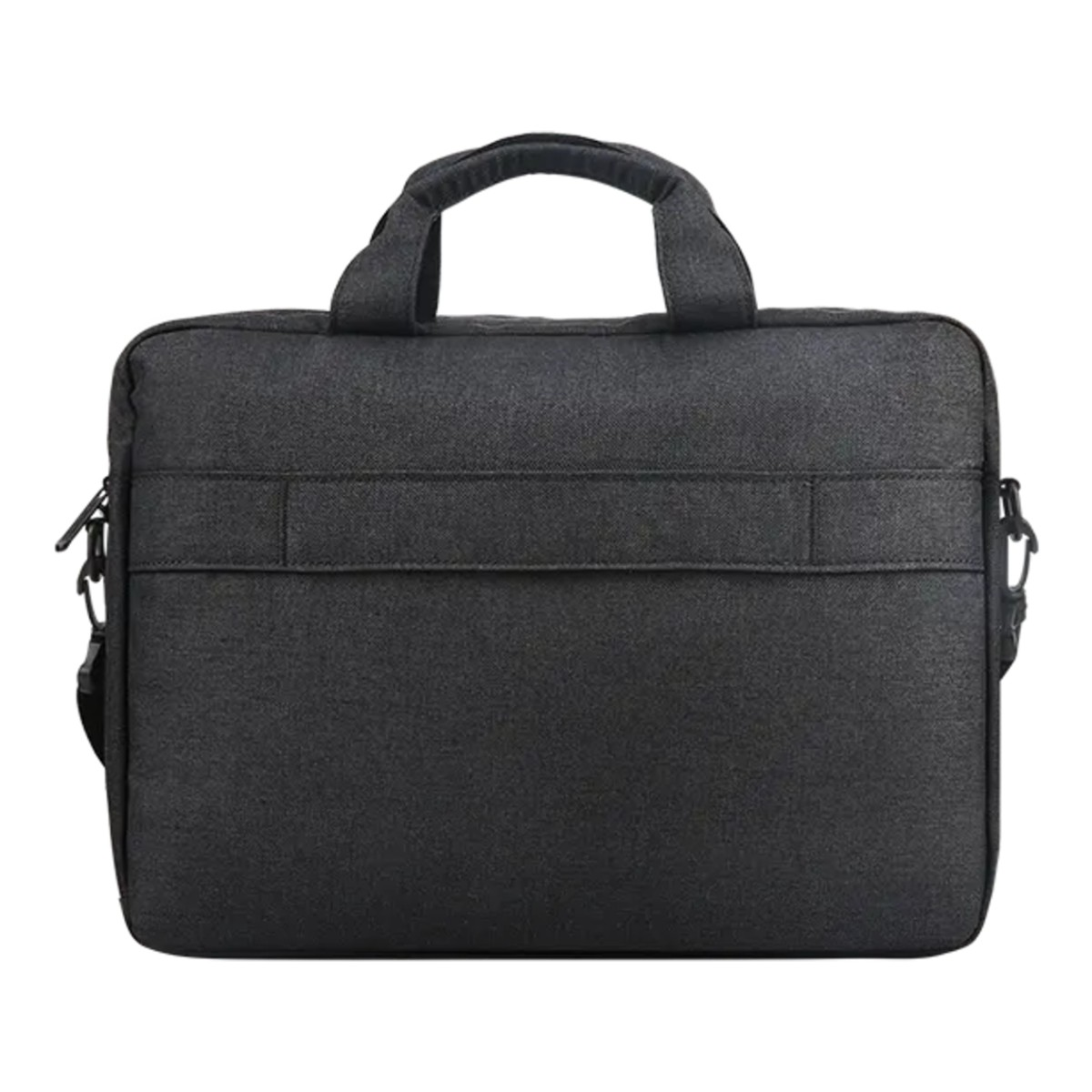 Una borsa nera per laptop con due manici e una tracolla.