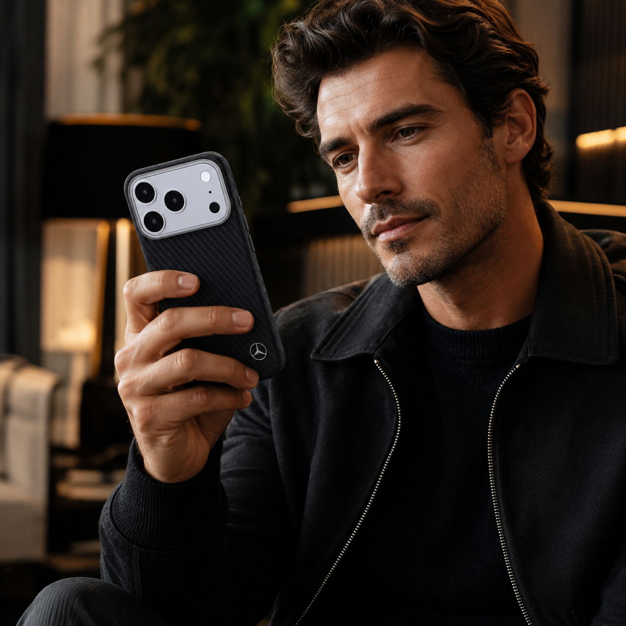 Hombre sosteniendo un smartphone con funda de fibra de carbono, mirando pantalla.