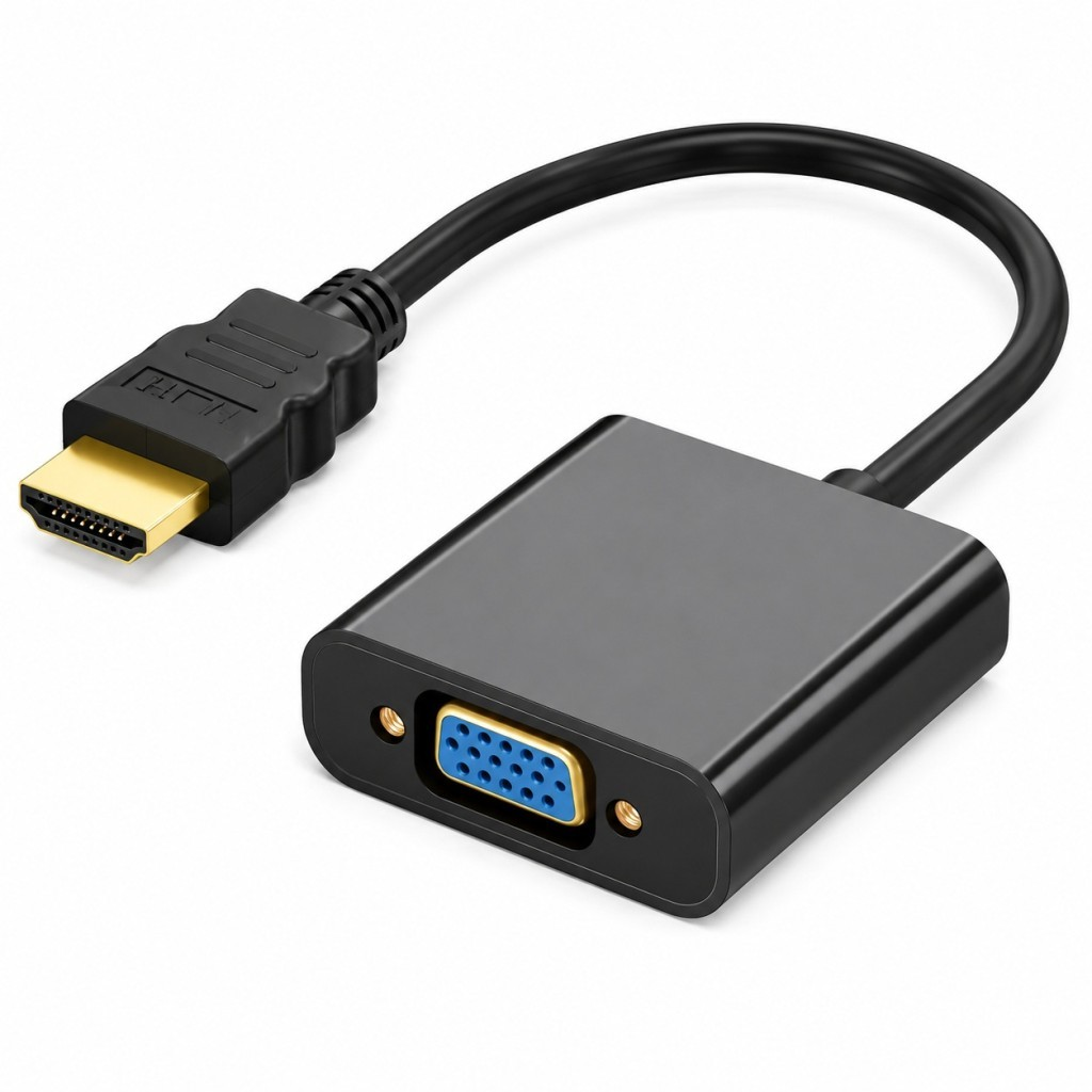 Kablolu ve konnektörlü siyah HDMI - VGA adaptörü.