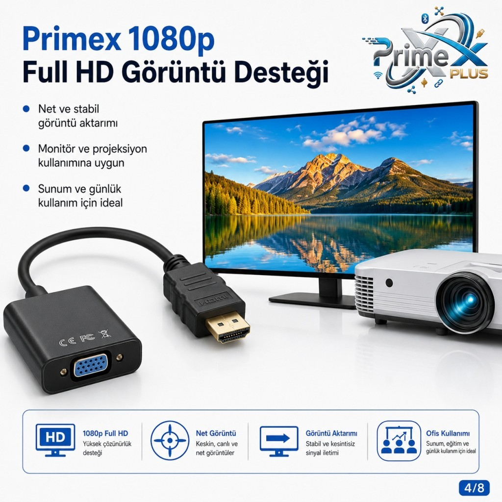 Metin ve simgeler içeren bir monitör, projektör ve VGA - HDMI adaptörü.
