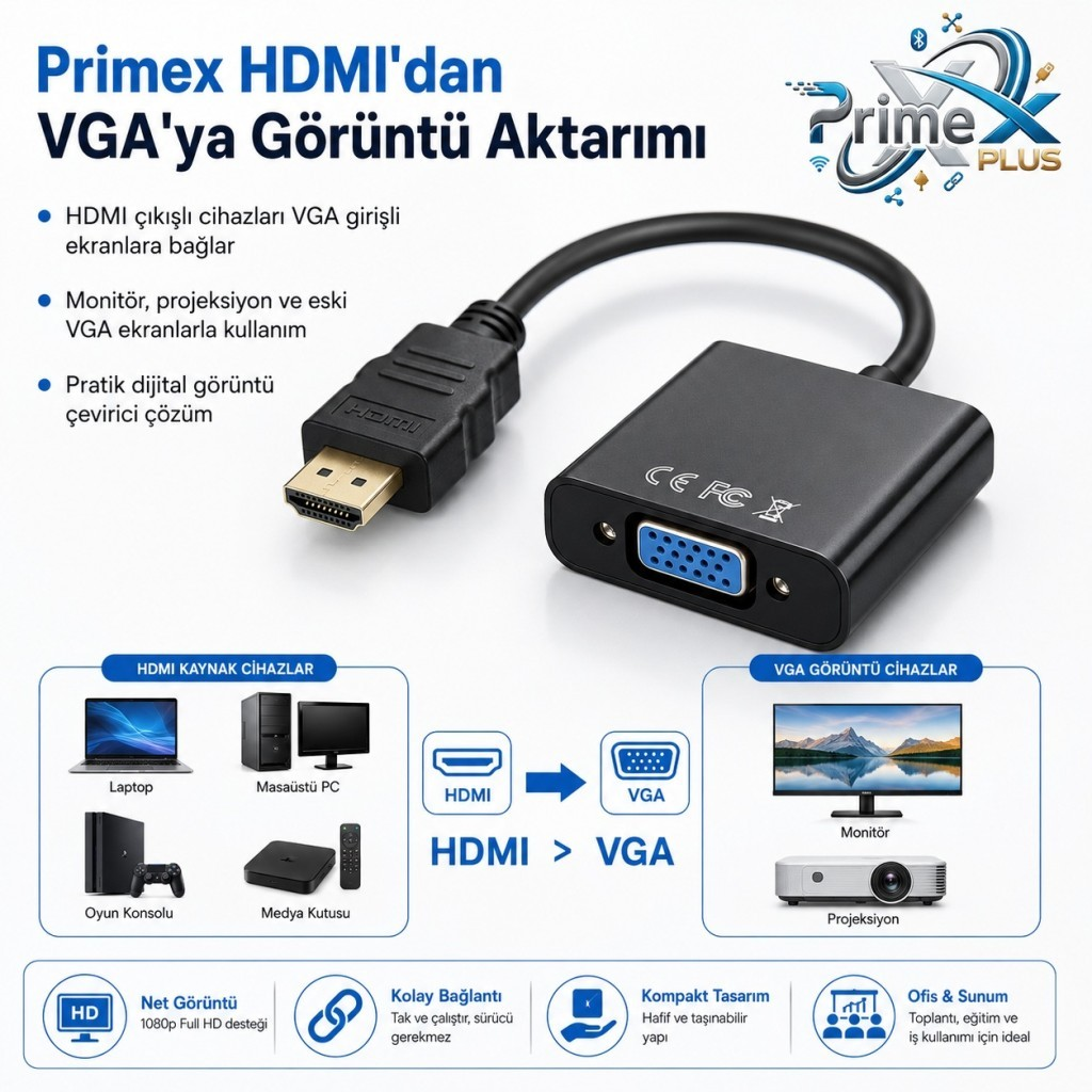 HDMI - VGA adaptörü, solda HDMI, sağda VGA konektörü bulunur.
