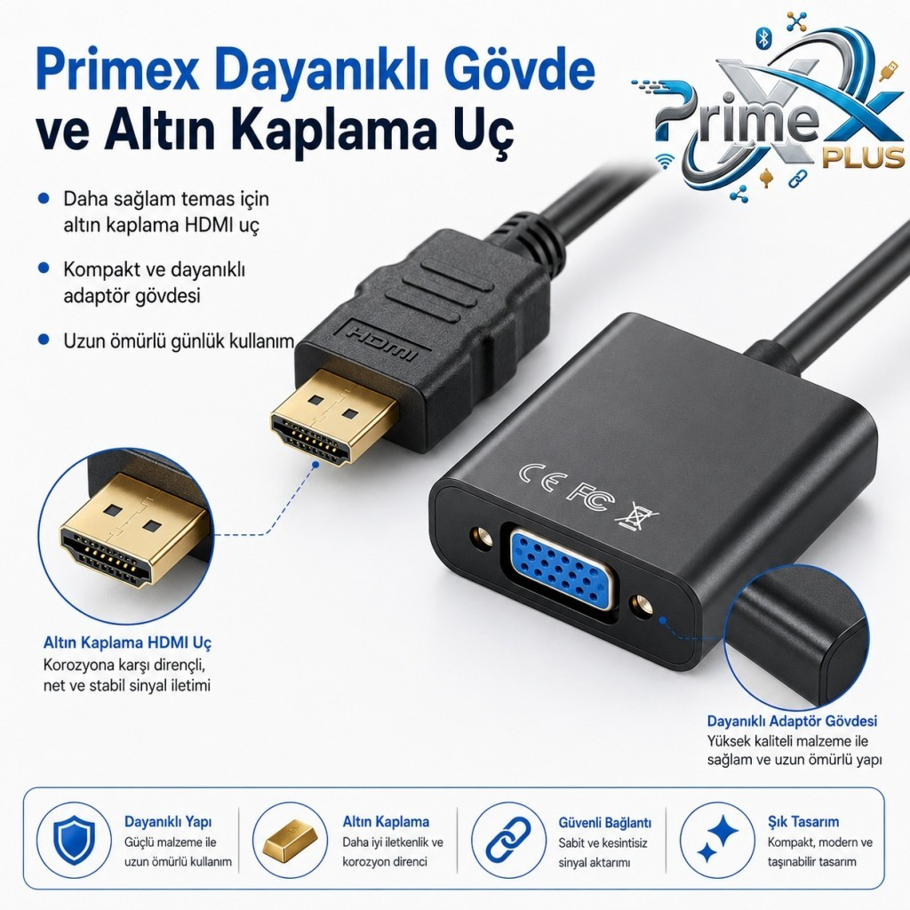 Altın kaplama konektörlü ve siyah kablolu HDMI - VGA adaptörü.