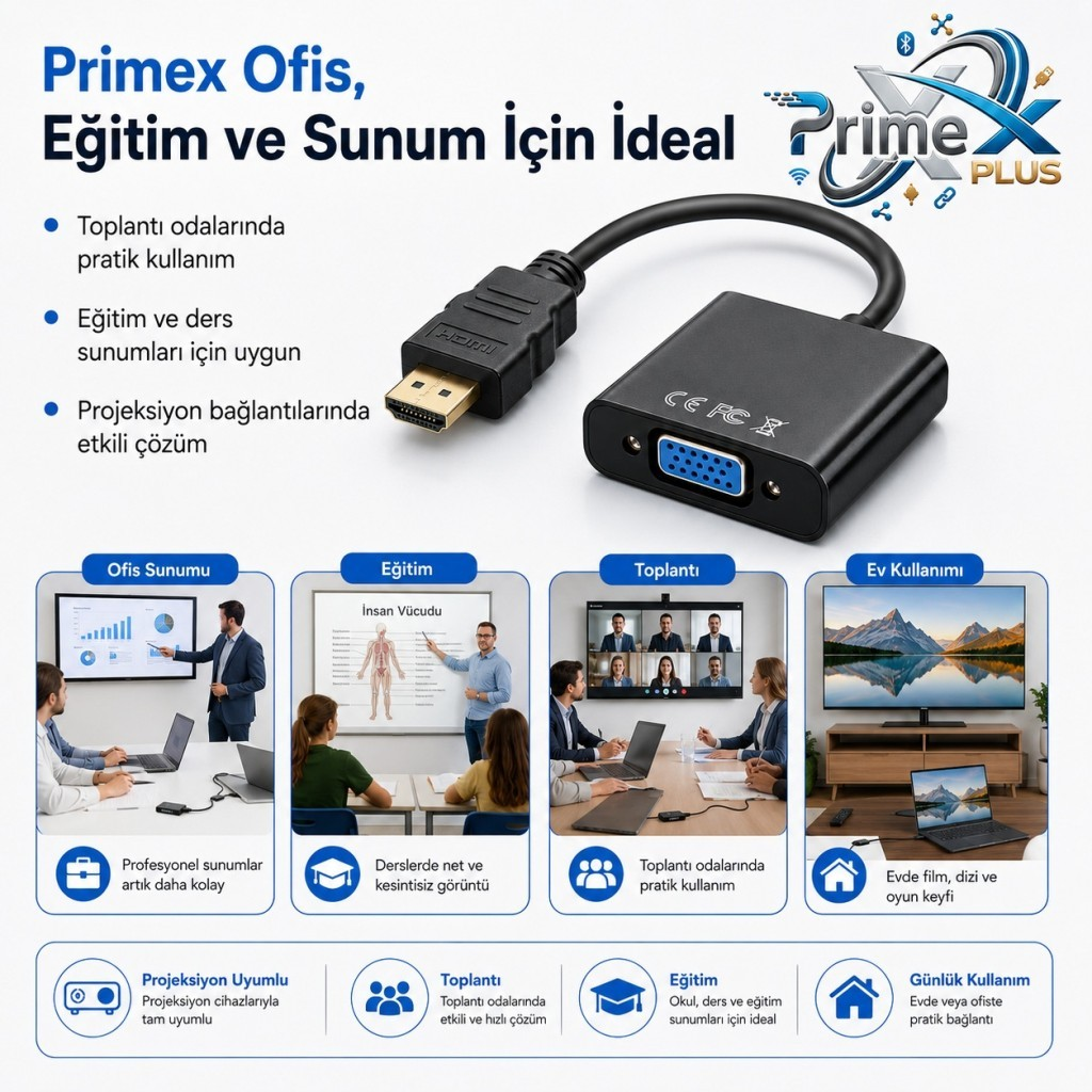 Ofis, eğitim ve toplantı kullanımları için etiketli HDMI - VGA adaptörü.